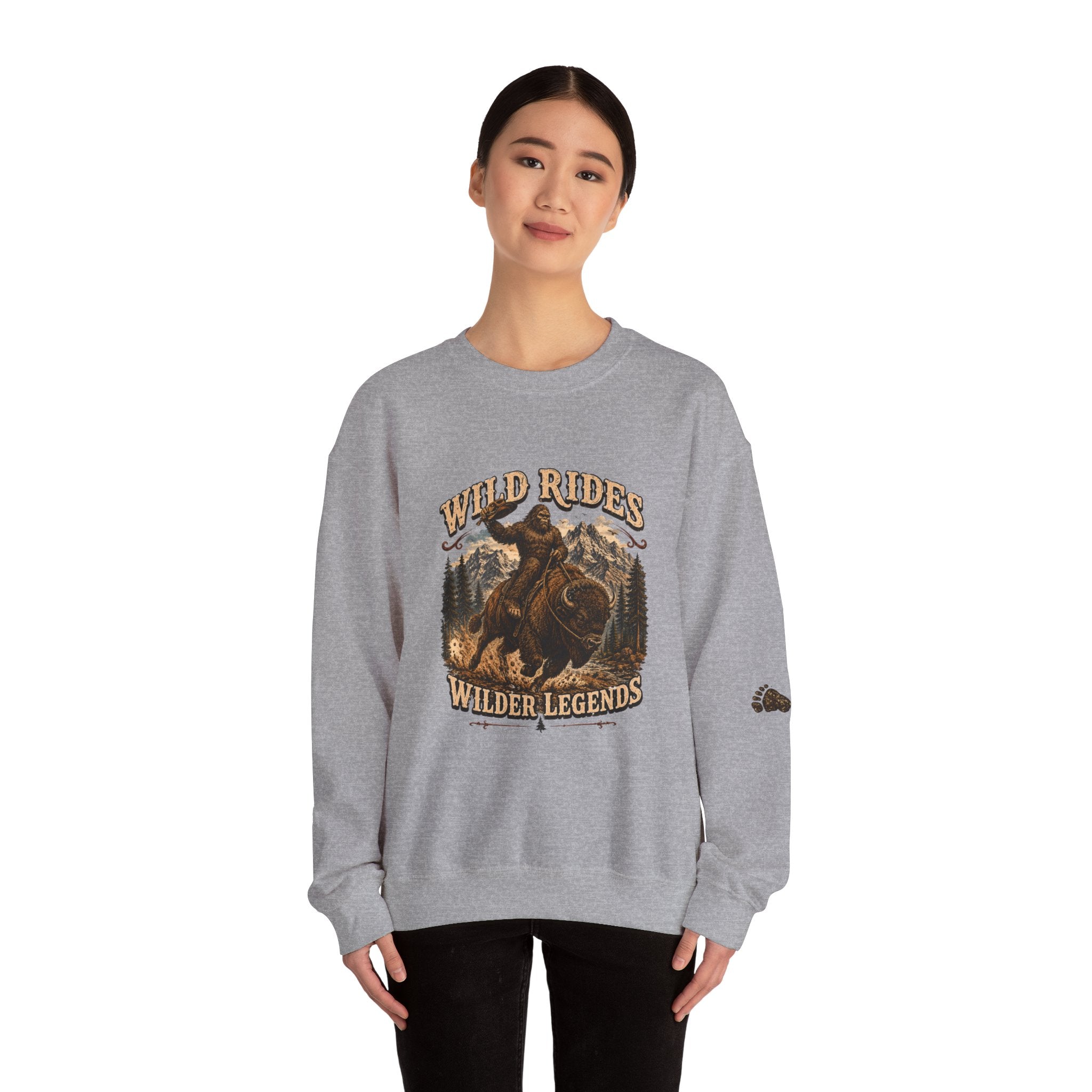 Wild Rides, Wilder Legends — Sasquatch Bison Rider, Crewneck Sweatshirt