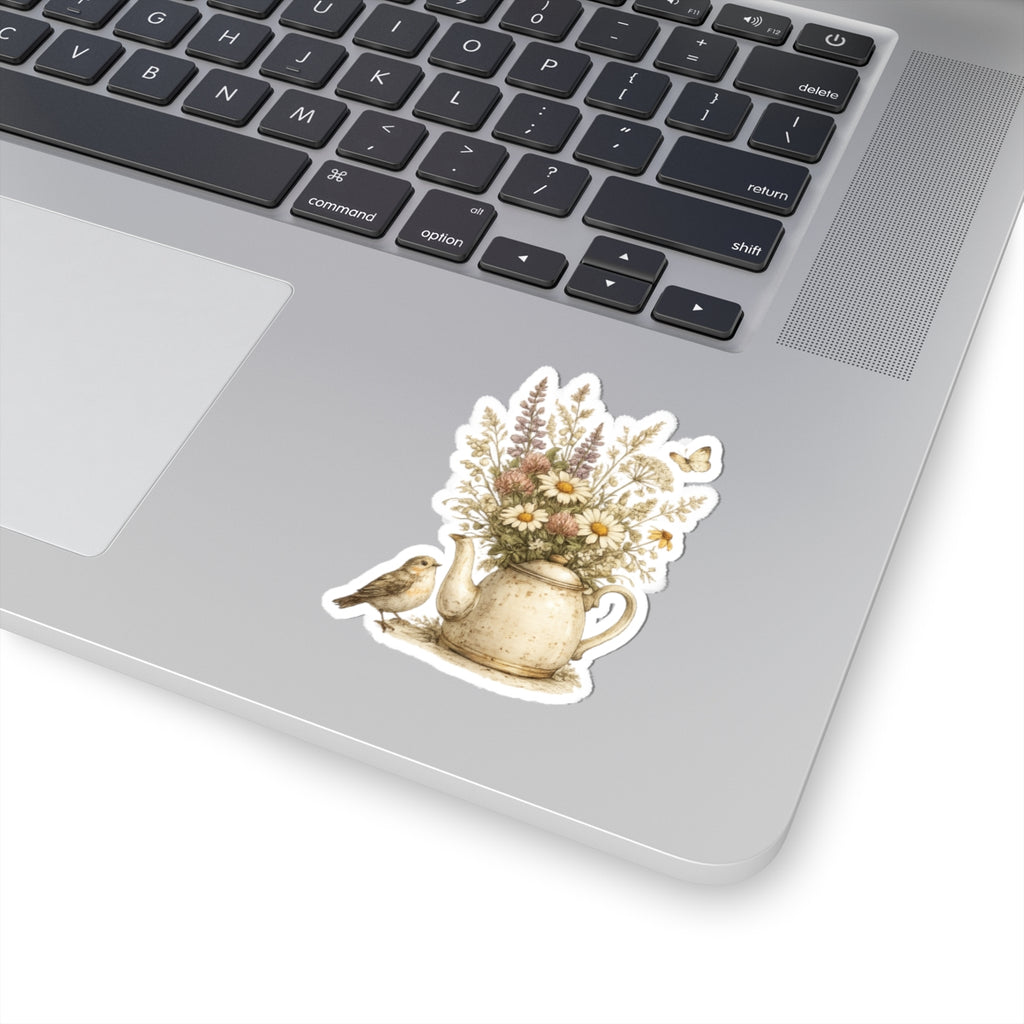 Floral Teapot & Songbird Sticker — Kiss-Cut Waterproof Decal