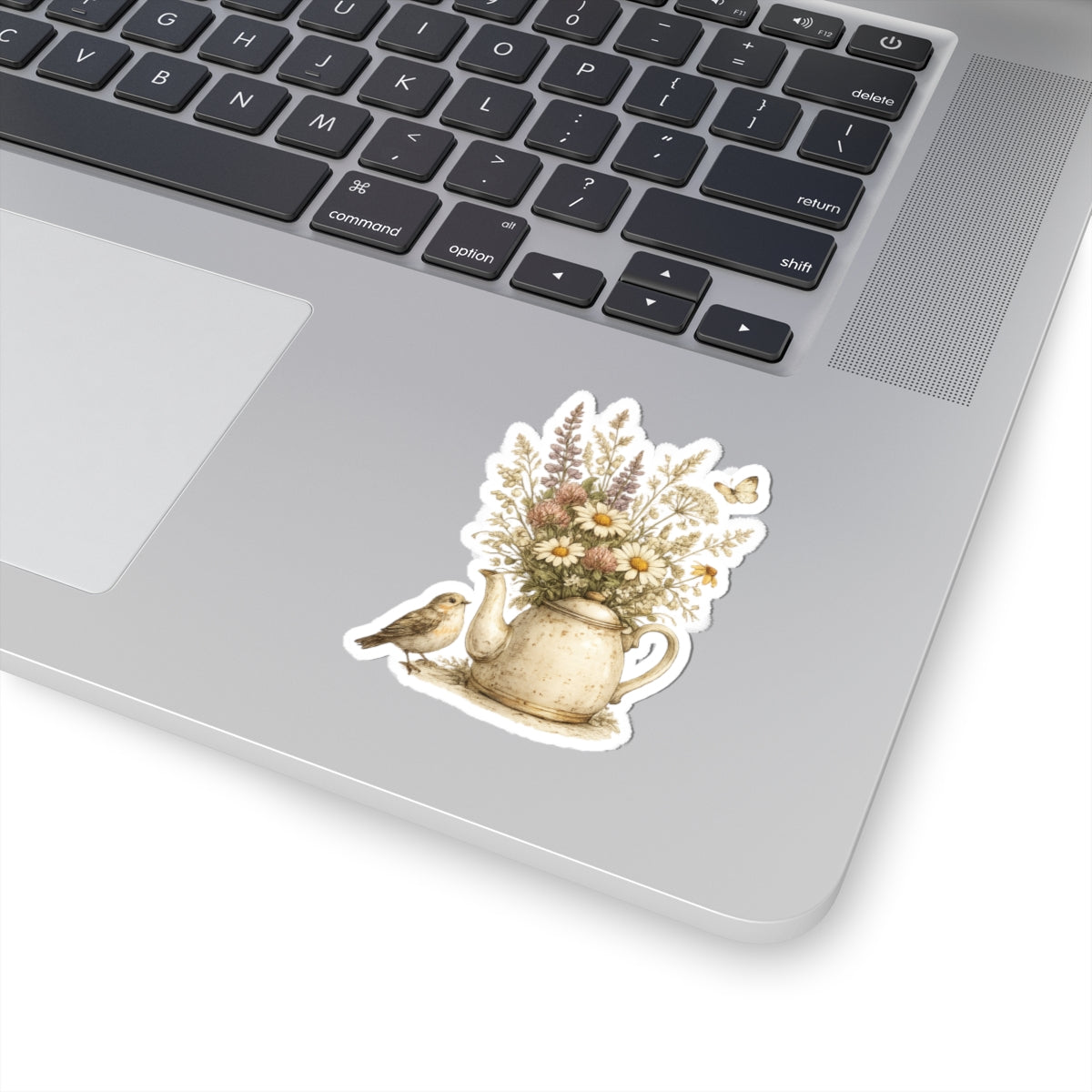 Floral Teapot & Songbird Sticker — Kiss-Cut Waterproof Decal