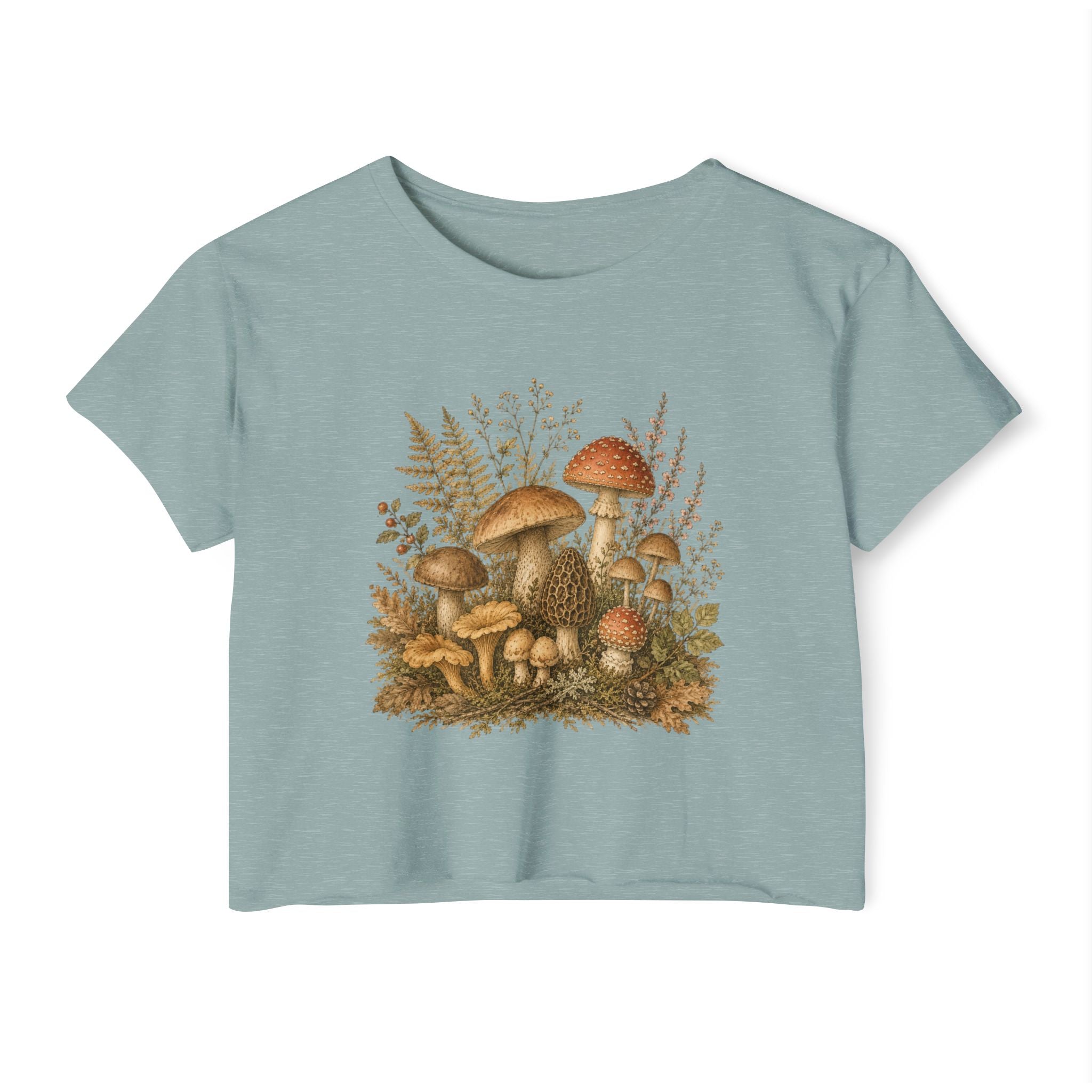 Woodland Mushrooms Women's Crop Top — Vintage Botanical Fungi Festival Tee