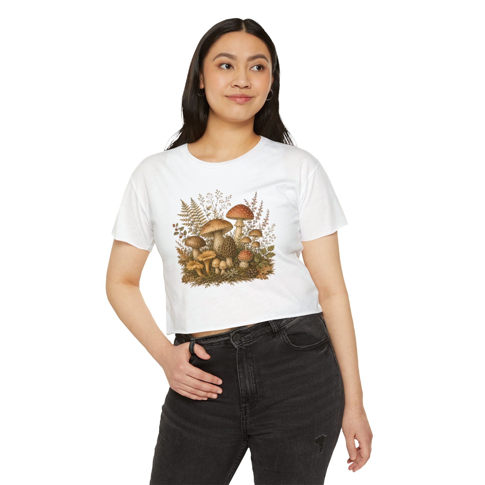 Woodland Mushrooms Women's Crop Top — Vintage Botanical Fungi Festival Tee