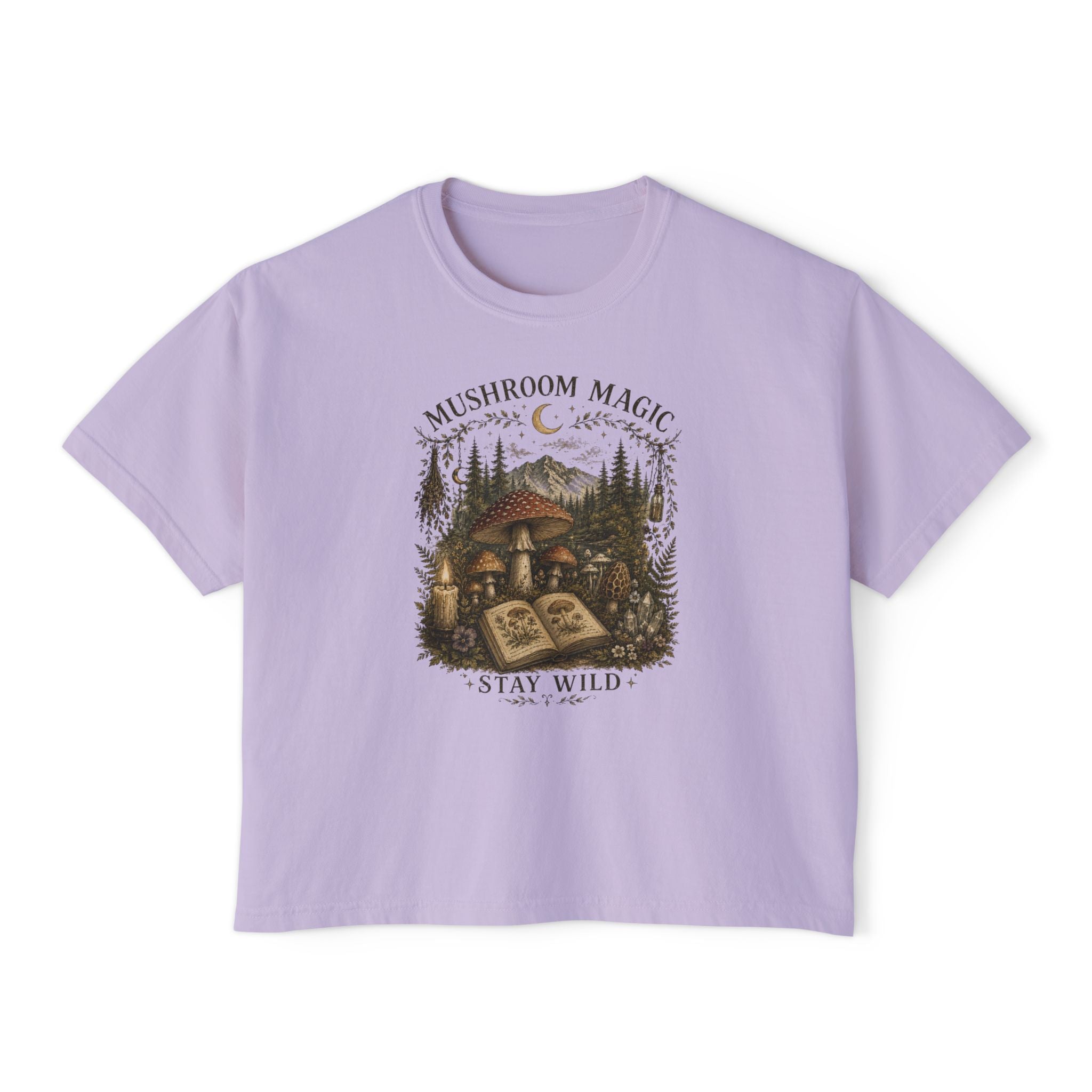 Kait's Hidden Hollow Women's Boxy Tee — Forest Cottage Retro Nature Graphic