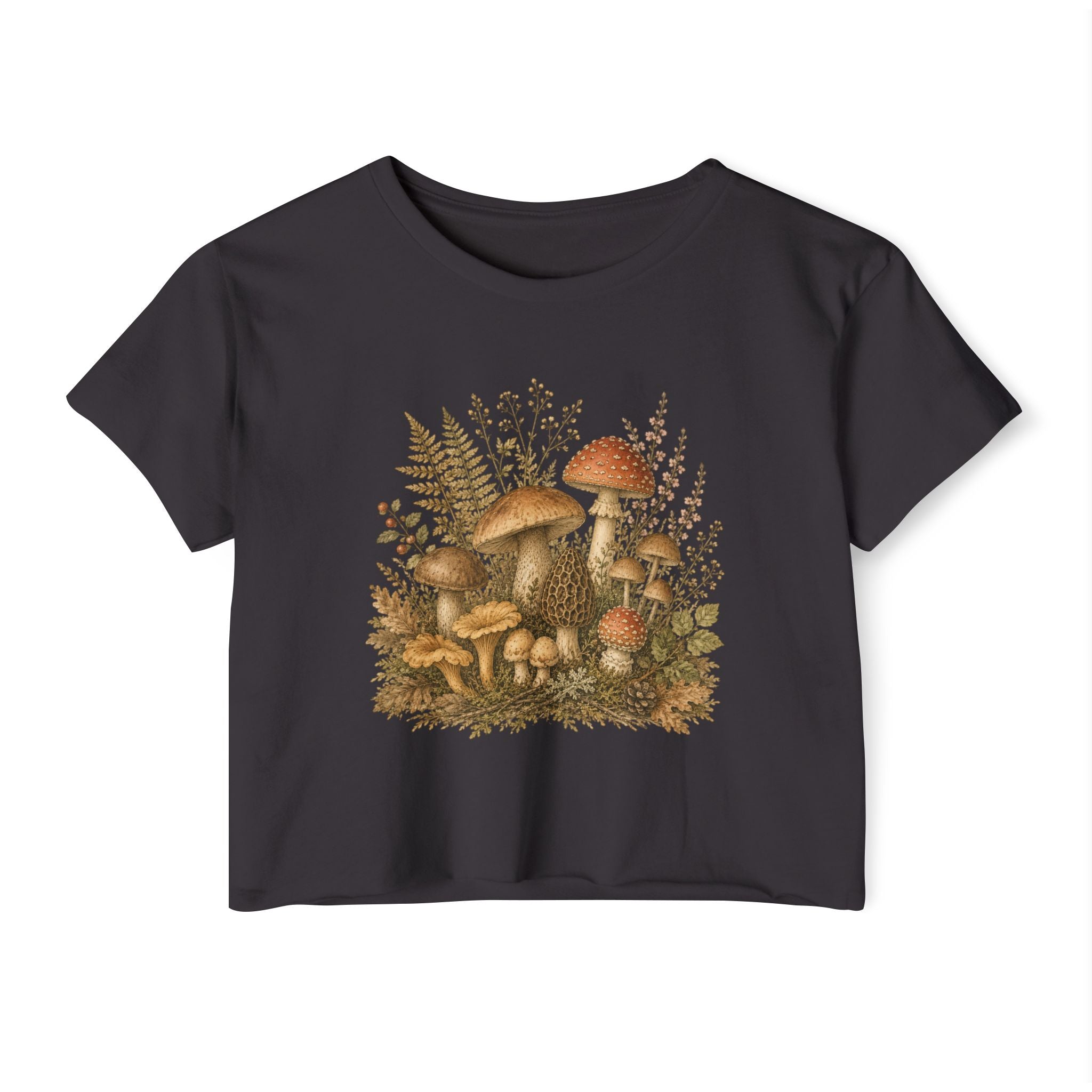 Woodland Mushrooms Women's Crop Top — Vintage Botanical Fungi Festival Tee