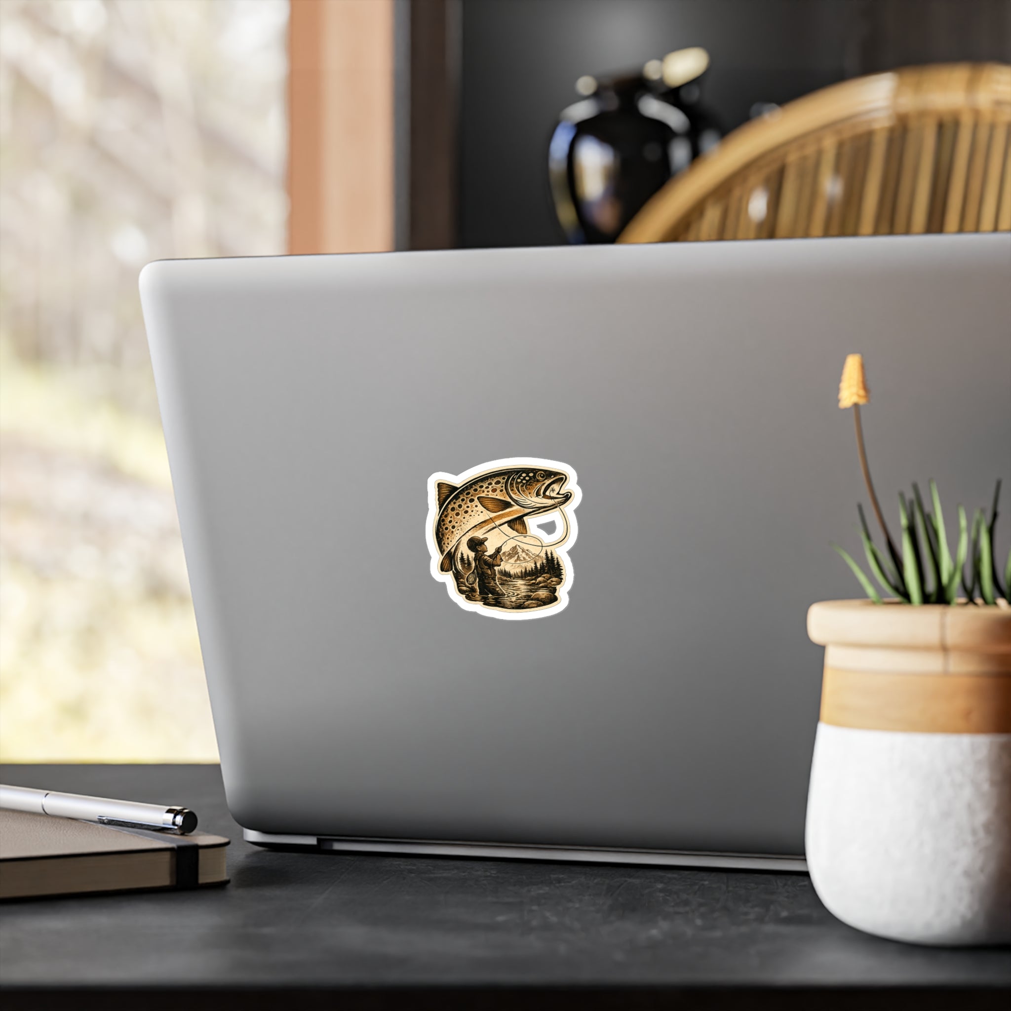 A Boy's Fishing Adventure Vinyl Sticker — Vintage Trout Flyfishing Scene