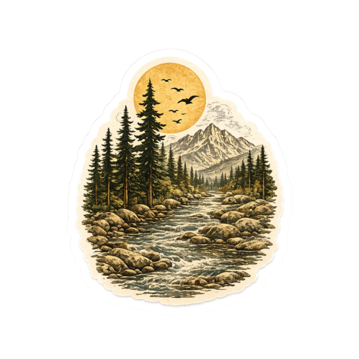 Mountain River Vinyl Sticker — Retro Wilderness Kiss-Cut Sticker