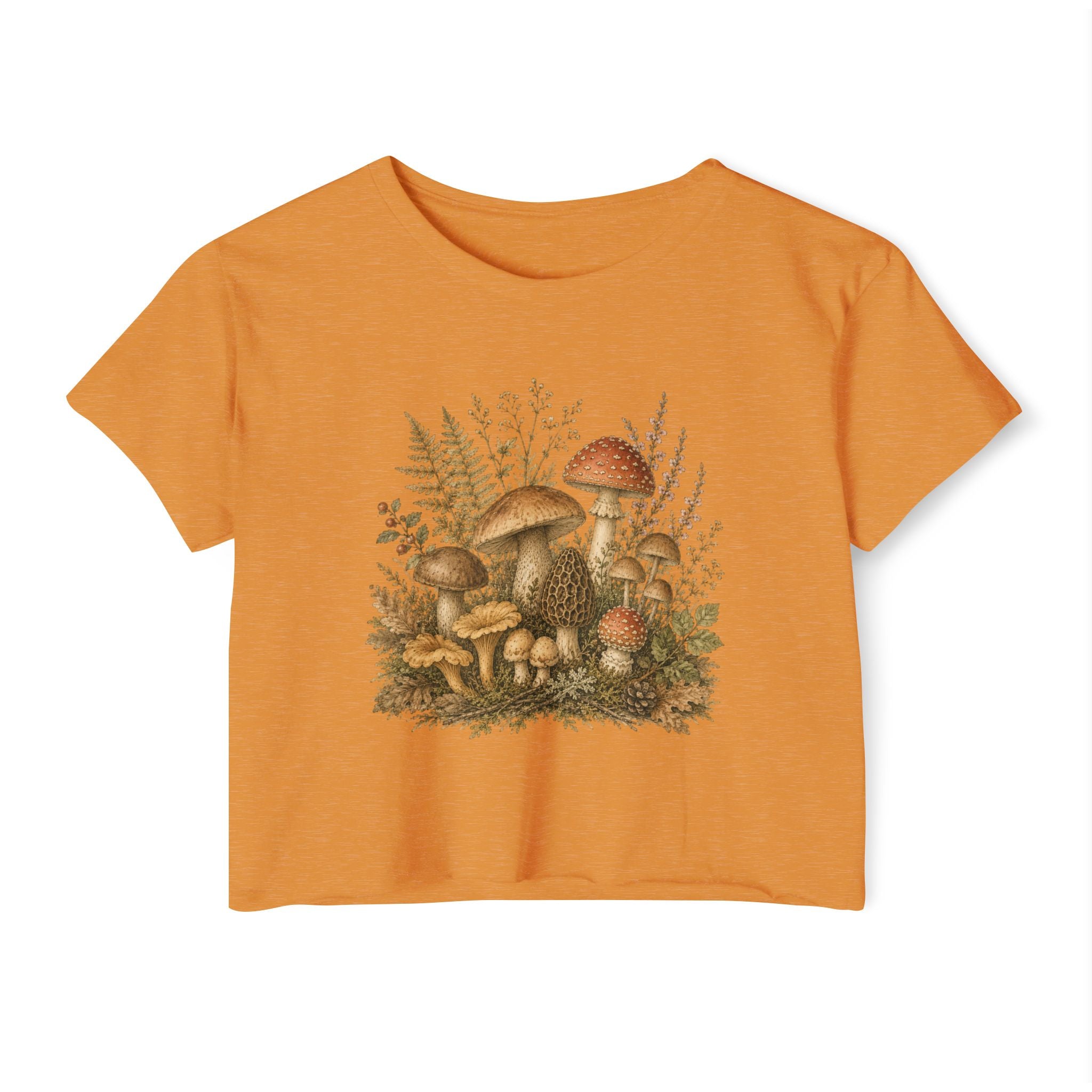 Woodland Mushrooms Women's Crop Top — Vintage Botanical Fungi Festival Tee
