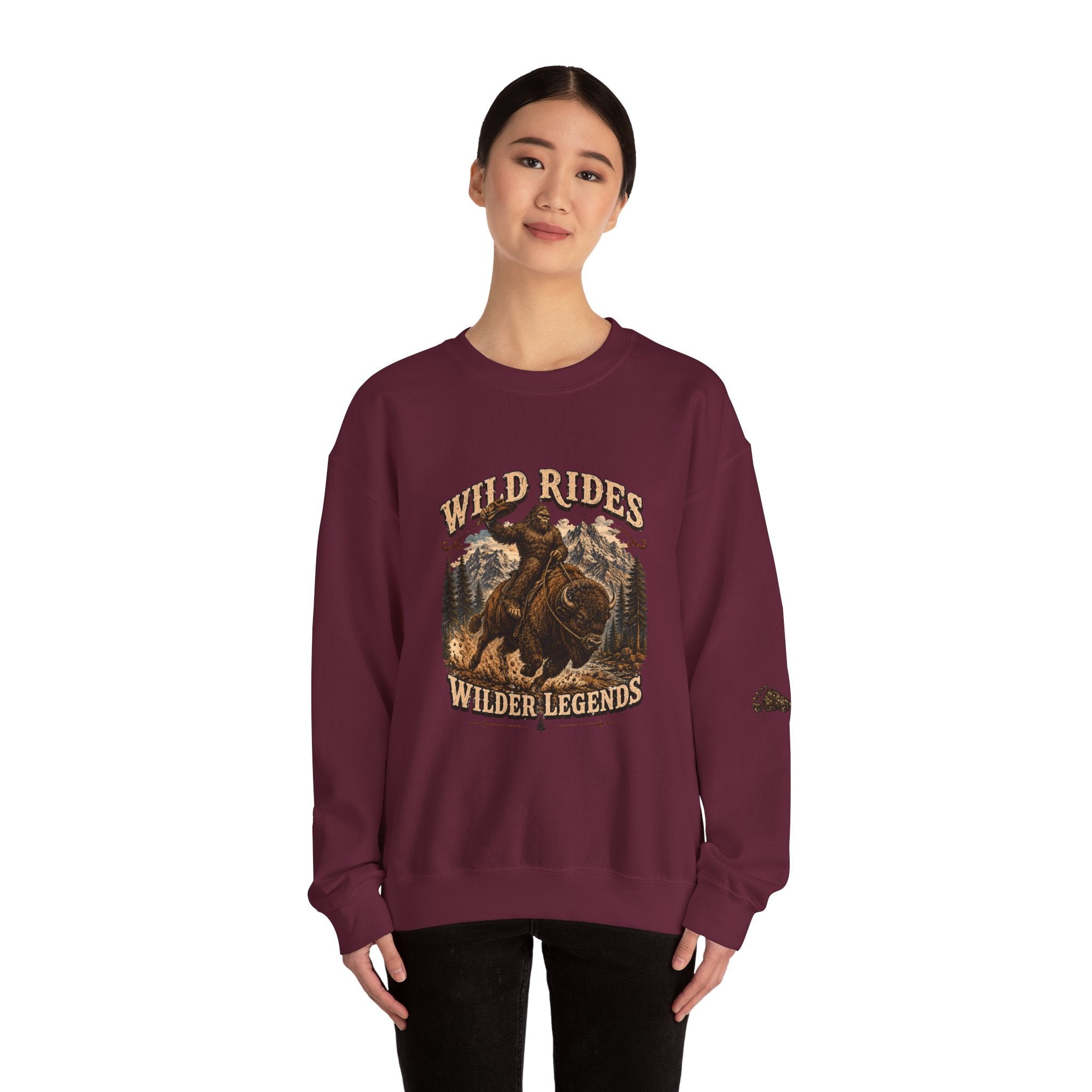 Wild Rides, Wilder Legends — Sasquatch Bison Rider, Crewneck Sweatshirt