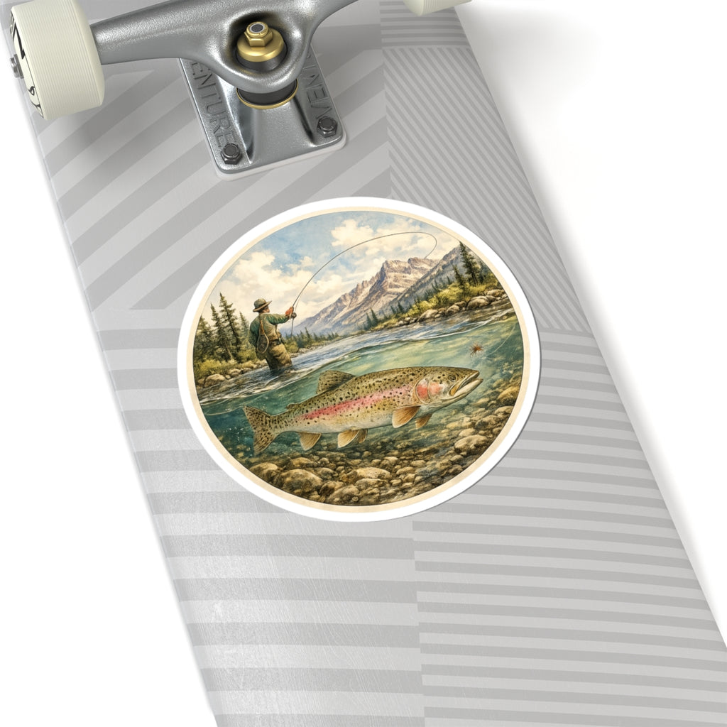 Trout Fly Fishing Sticker — Sticker — Vintage Mountain River Kiss-Cut Decal