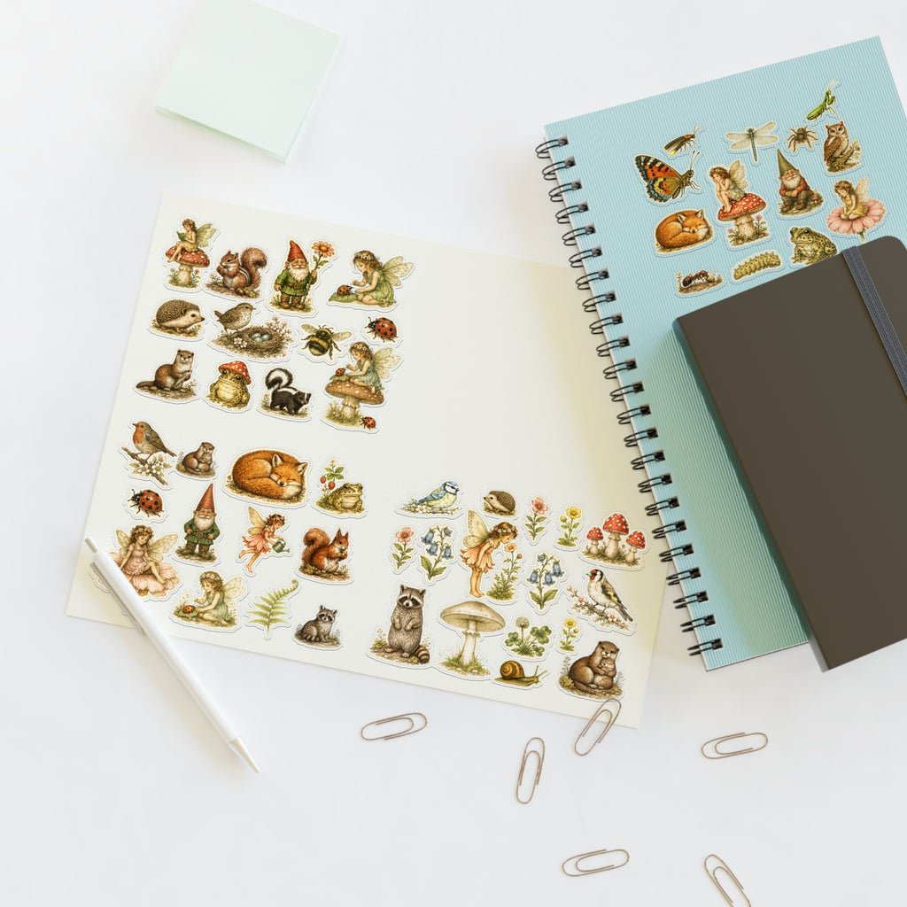 Woodland Fairy Vintage Sticker Sheet — Forest Animals & Mushrooms