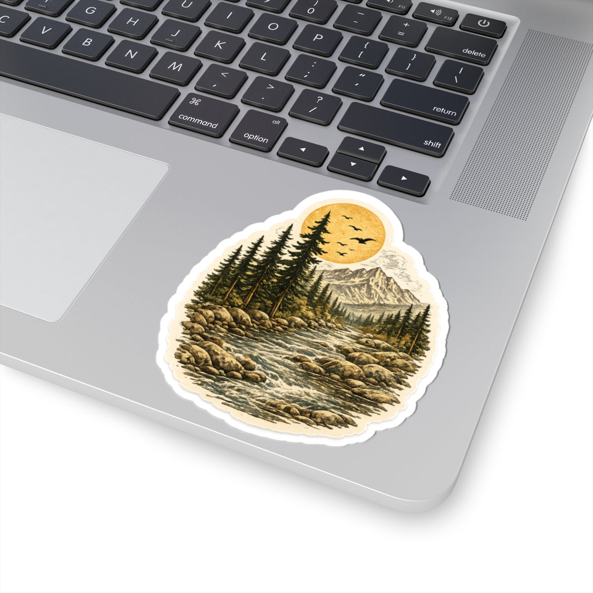 Mountain River Vinyl Sticker — Retro Wilderness Kiss-Cut Sticker