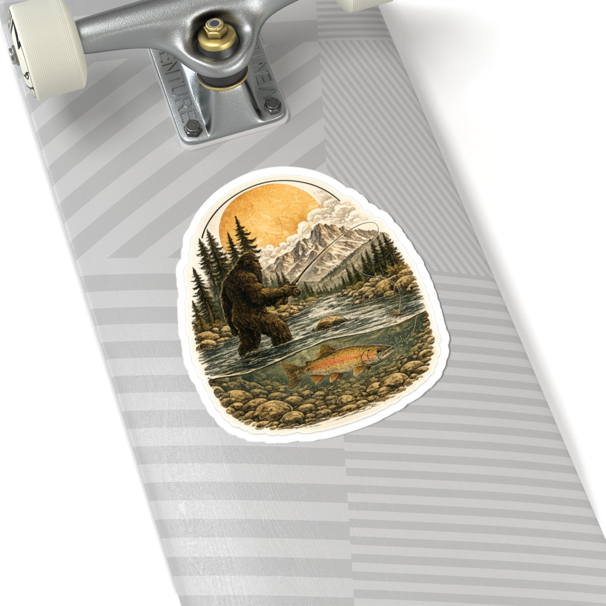 Sasquatch Fly Fishing Sticker — Outdoor Adventure Kiss-Cut Decal
