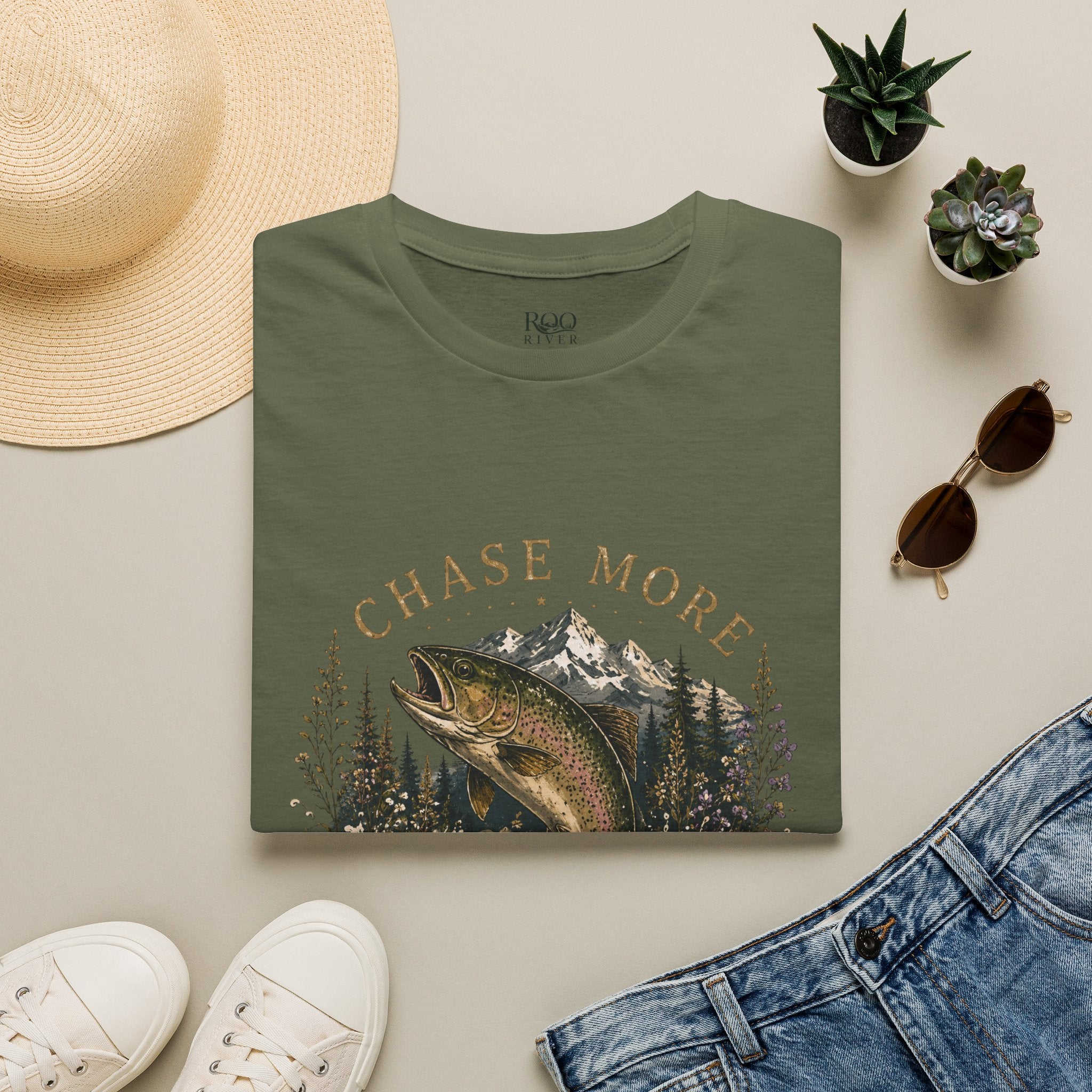 T-Shirt — Chase More, Worry Less Fishing Tee (Mountain Trout Design)