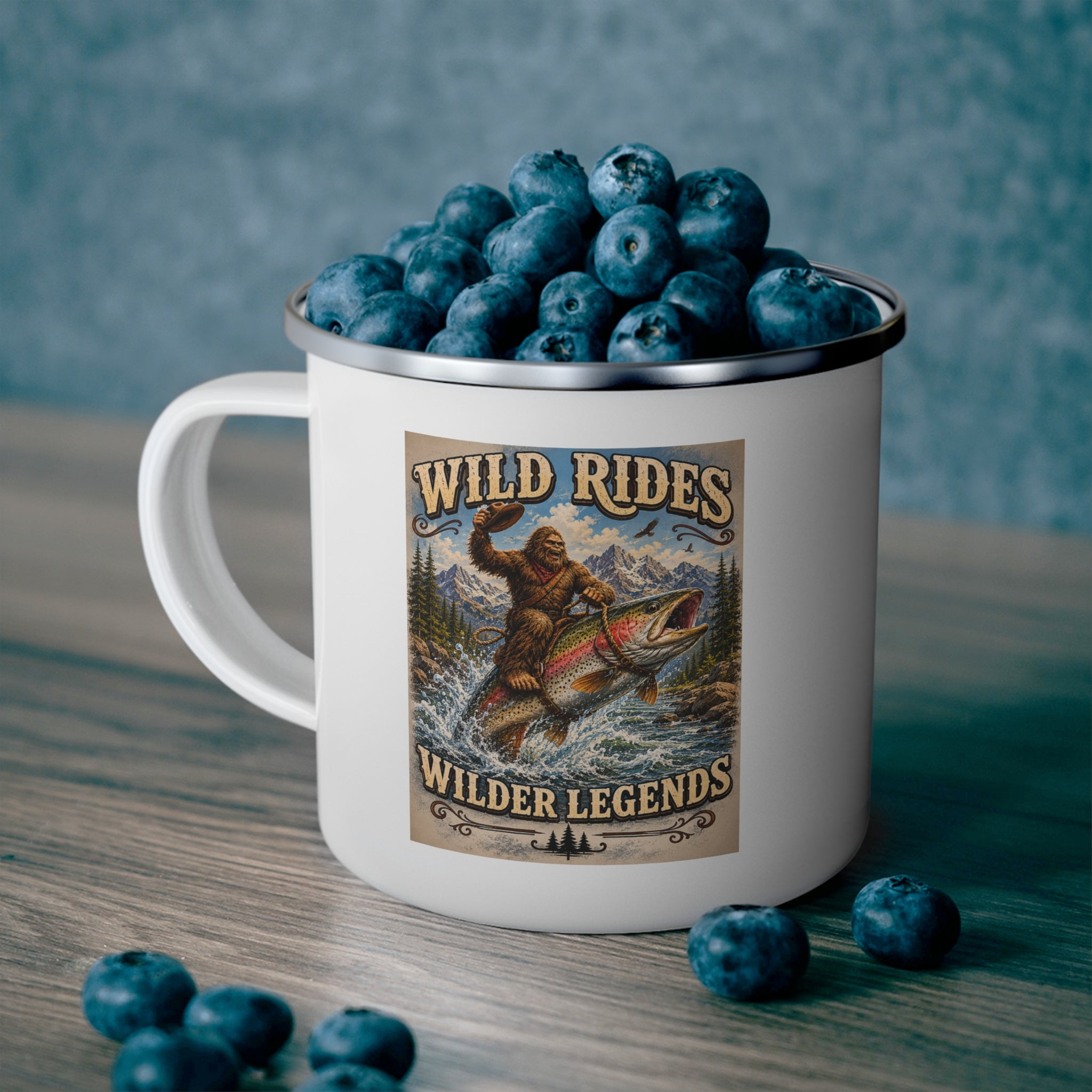 Enamel Mug — Wild Rides, Wilder Legends Coffee Mug – Sasquatch on the Trout