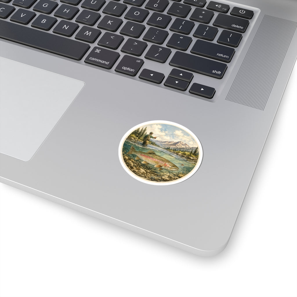 Trout Fly Fishing Sticker — Sticker — Vintage Mountain River Kiss-Cut Decal