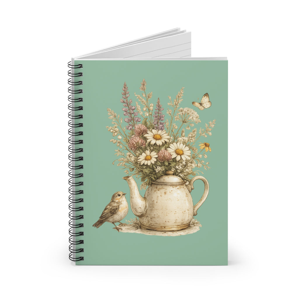 Floral Teapot Spiral Notebook — Vintage Daisies & Bird Ruled Journal