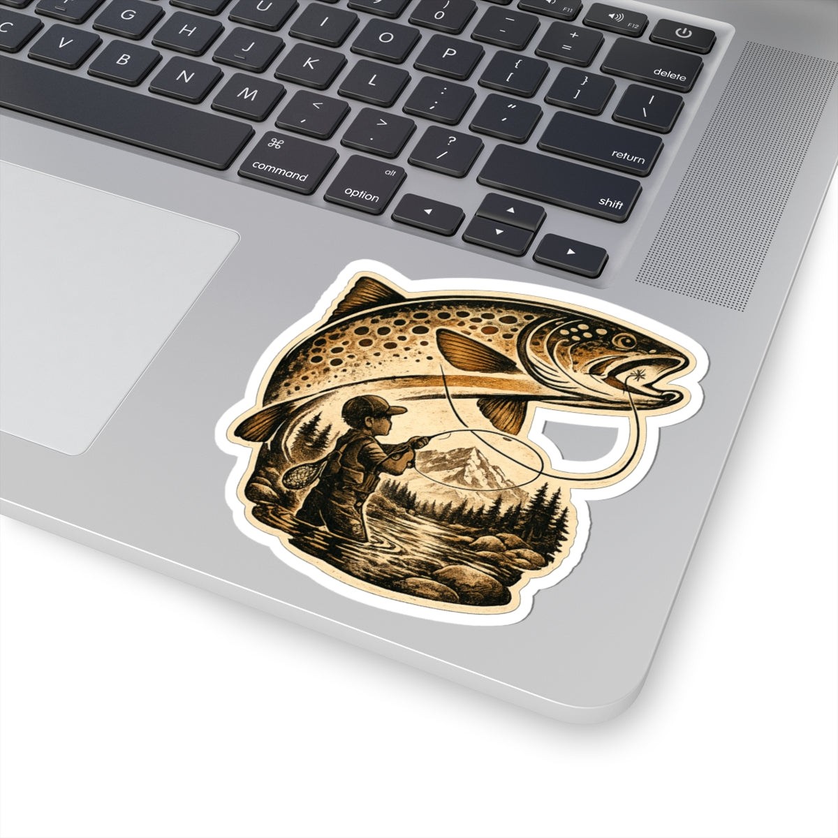 A Boy's Fishing Adventure Vinyl Sticker — Vintage Trout Flyfishing Scene