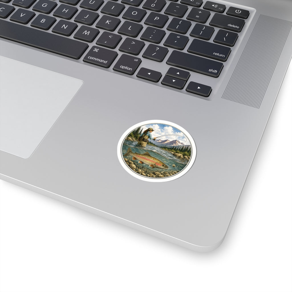 Fishing River Scene Vinyl Sticker — Female Angler & Rainbow Trout Kiss-Cut Decal
