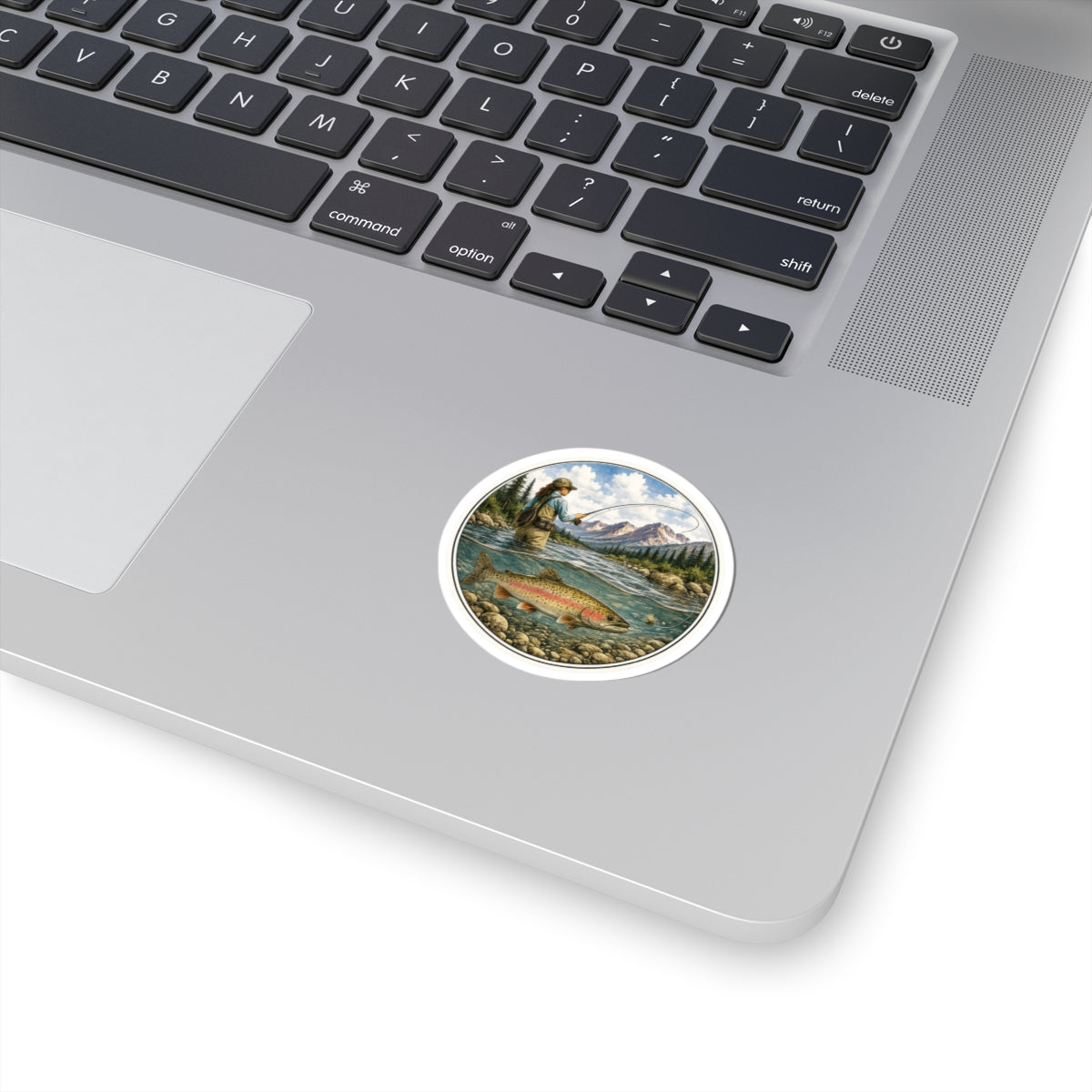 Fishing River Scene Vinyl Sticker — Female Angler & Rainbow Trout Kiss-Cut Decal