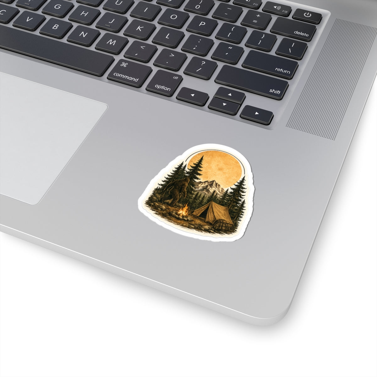 Camping Bigfoot Sticker — Vintage Mountain Campfire Vinyl Kiss-Cut