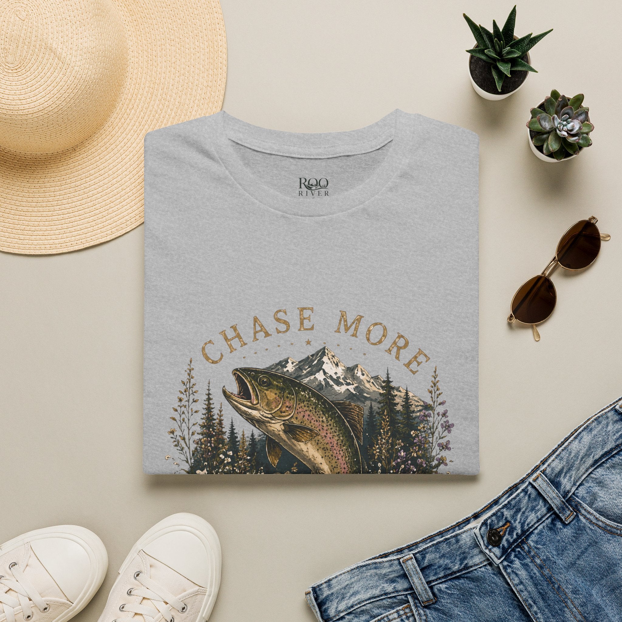 T-Shirt — Chase More, Worry Less Fishing Tee (Mountain Trout Design)