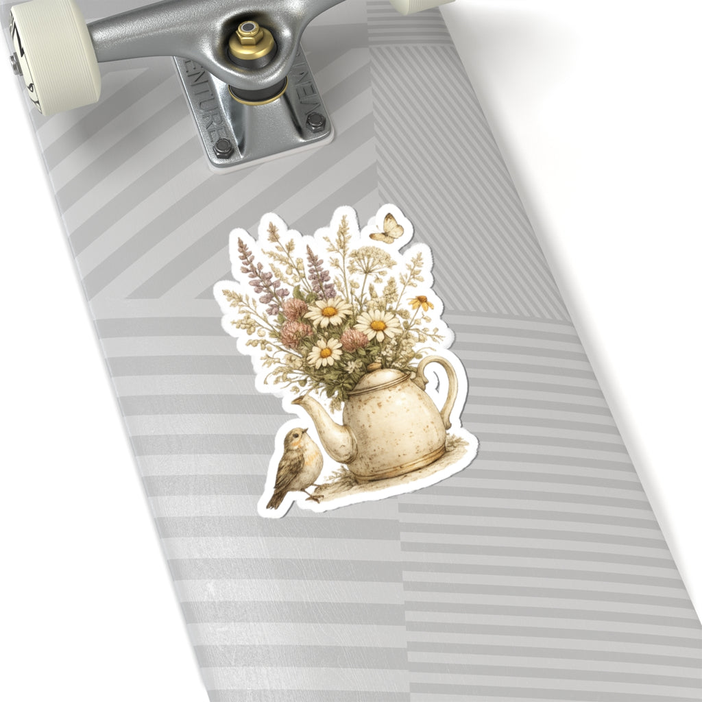 Floral Teapot & Songbird Sticker — Kiss-Cut Waterproof Decal
