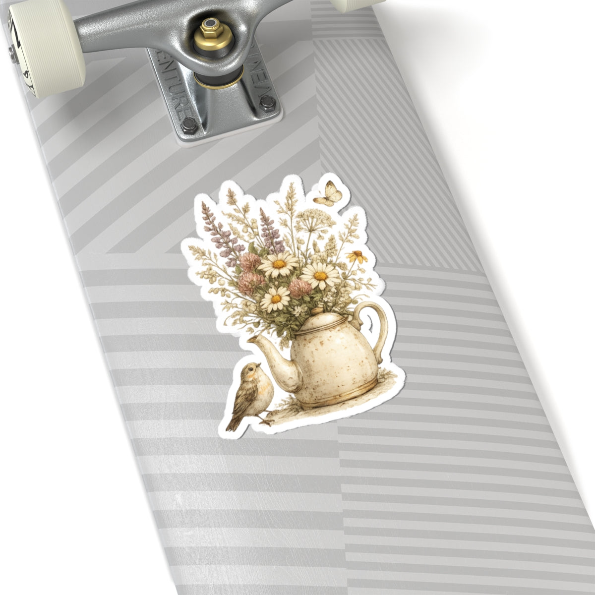 Floral Teapot & Songbird Sticker — Kiss-Cut Waterproof Decal