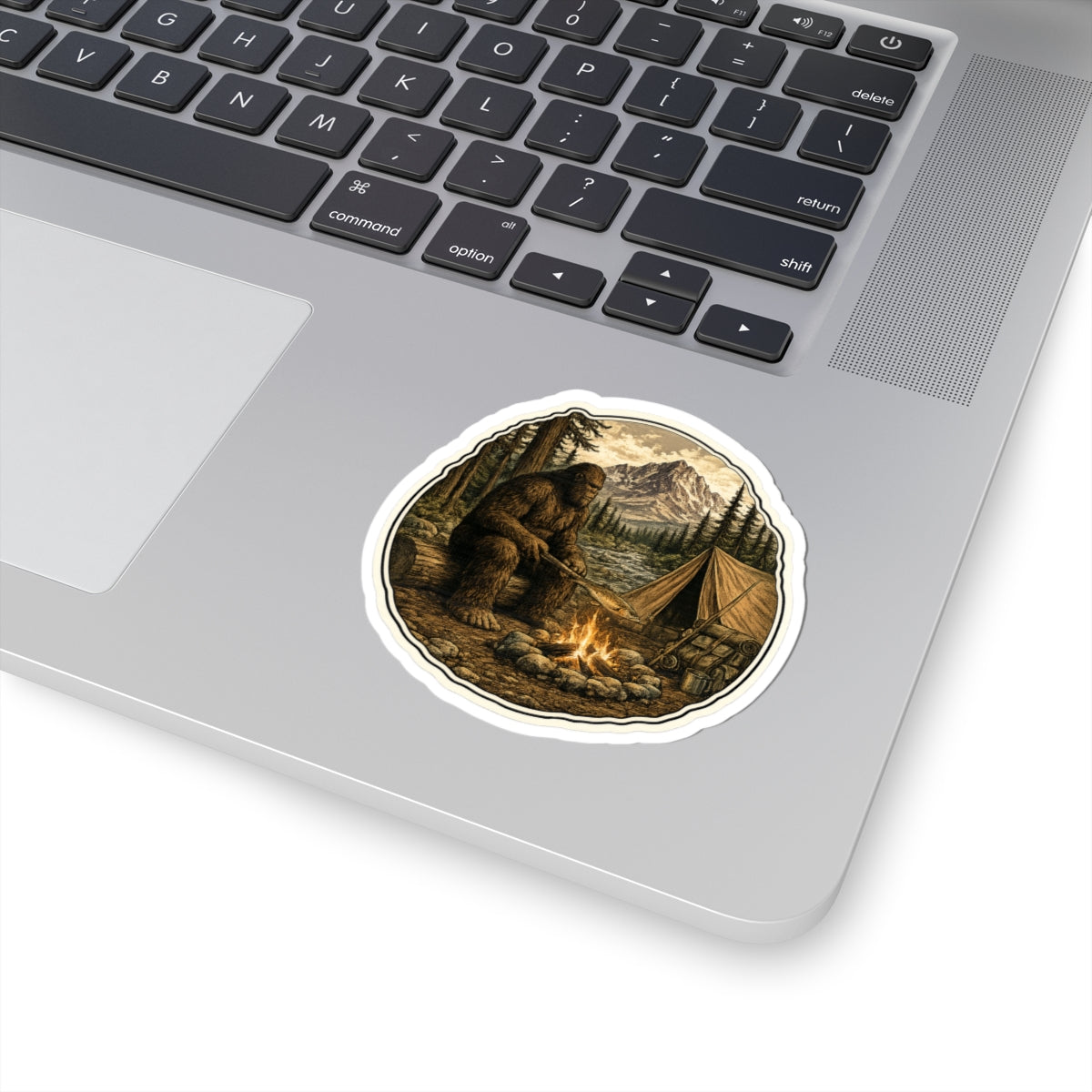 Sasquatch Campfire Dinner Sticker — Sasquatch by Campfire Outdoor Decal
