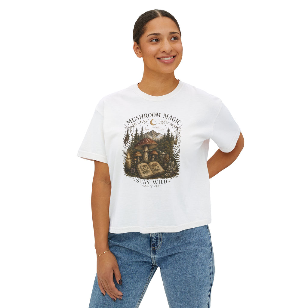 Kait's Hidden Hollow Women's Boxy Tee — Forest Cottage Retro Nature Graphic