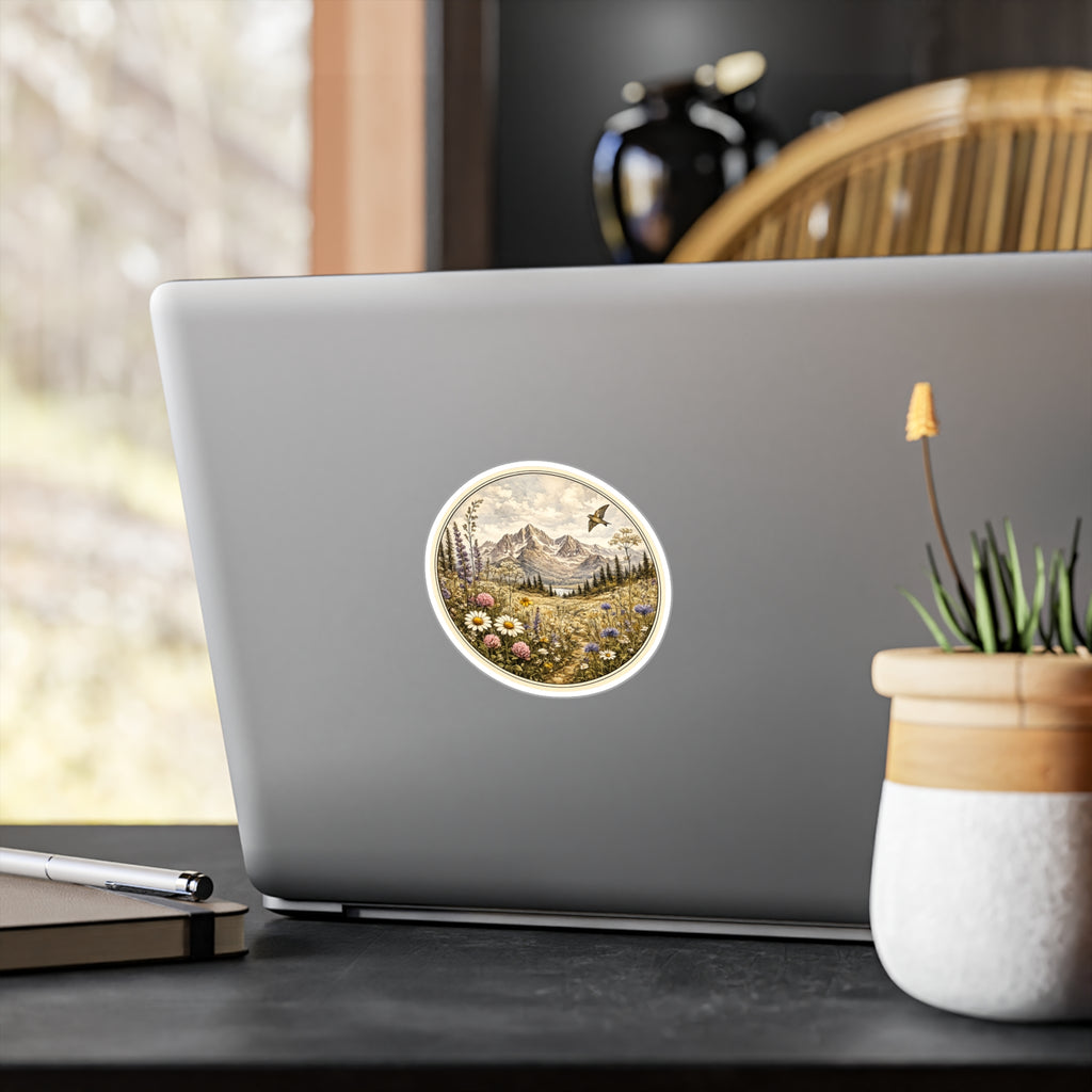 Water Resistant Vintage Meadow Mountain Sticker — Round  Kiss-Cut Scenic Sticker