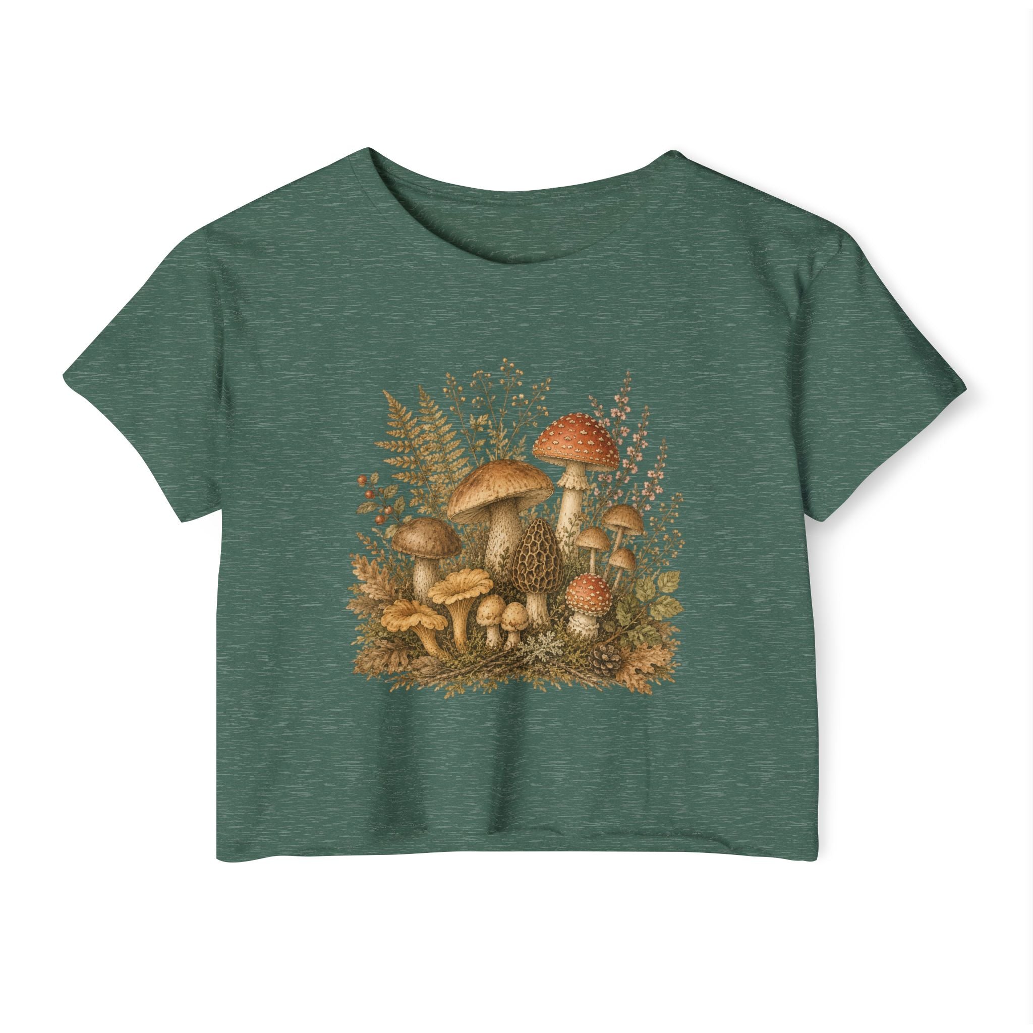 Woodland Mushrooms Women's Crop Top — Vintage Botanical Fungi Festival Tee