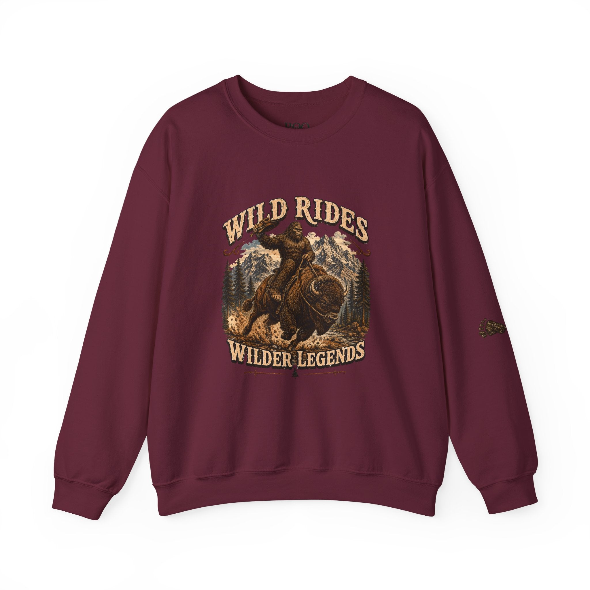 Wild Rides, Wilder Legends — Sasquatch Bison Rider, Crewneck Sweatshirt