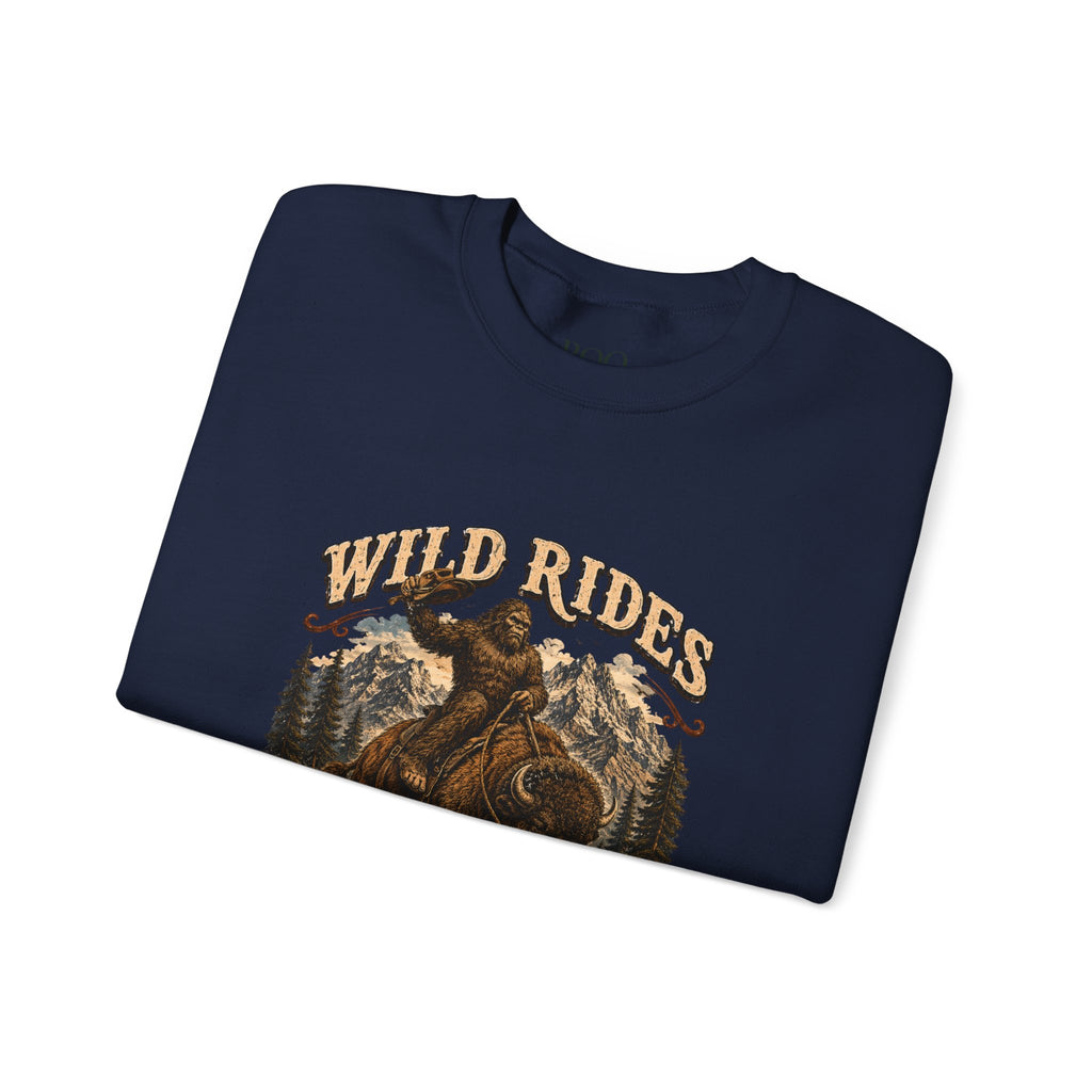 Wild Rides, Wilder Legends — Sasquatch Bison Rider, Crewneck Sweatshirt