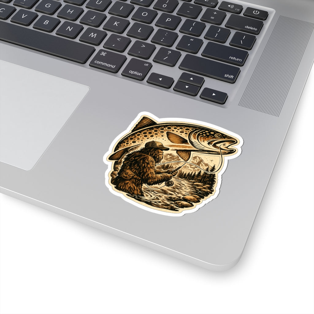 Sasquatch Fly Fishing Trout Sticker — Vintage Trout Flyfishing Scene