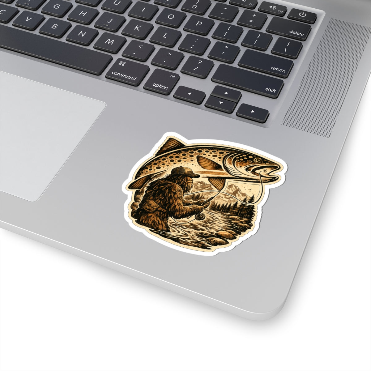 Sasquatch Fly Fishing Trout Sticker — Vintage Trout Flyfishing Scene