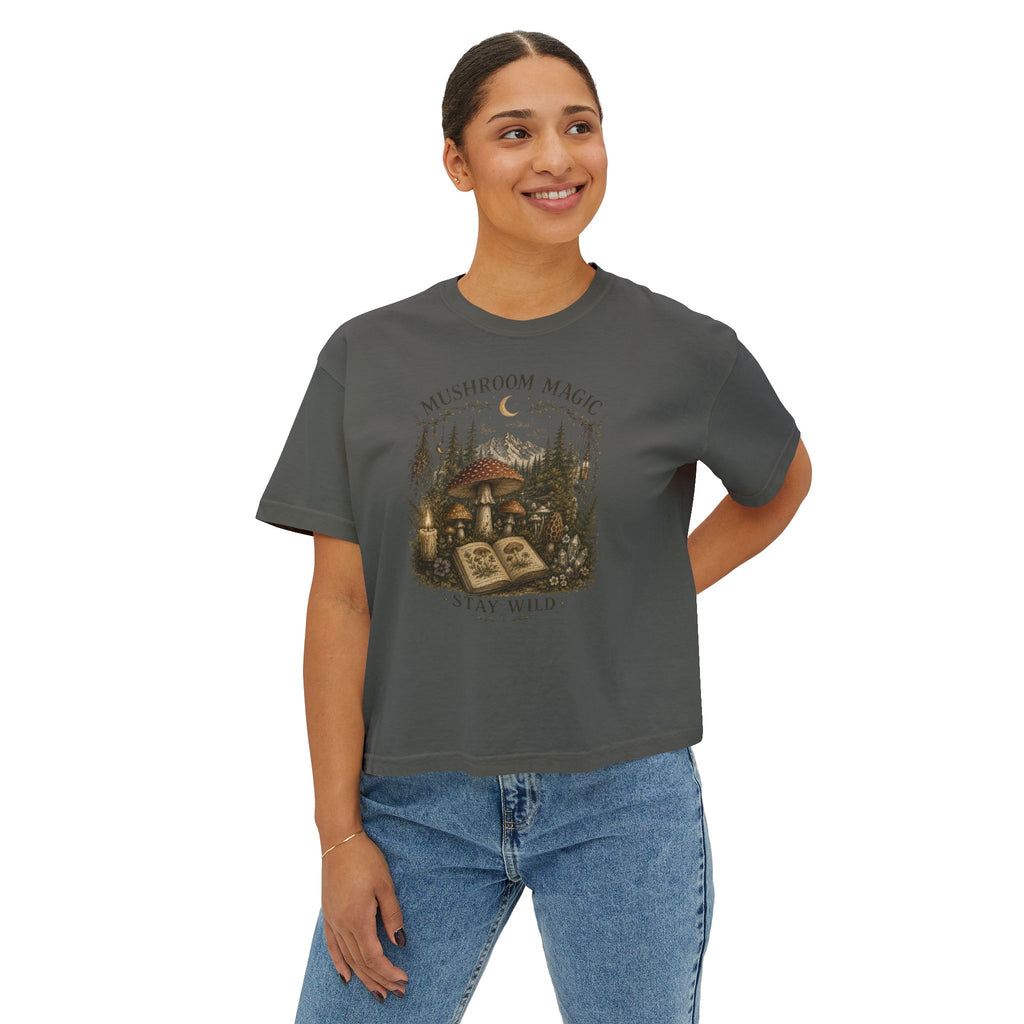 Kait's Hidden Hollow Women's Boxy Tee — Forest Cottage Retro Nature Graphic