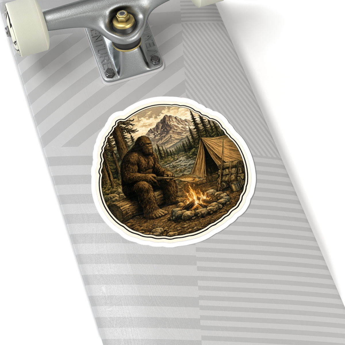 Sasquatch Campfire Dinner Sticker — Sasquatch by Campfire Outdoor Decal
