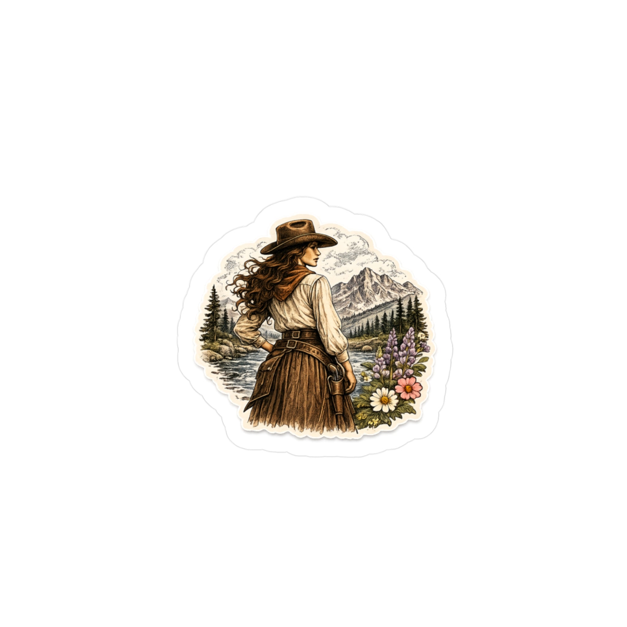 Water Resistant Vintage Western Cowgirl Sticker — Scenic Mountain Vinyl Kiss-Cut