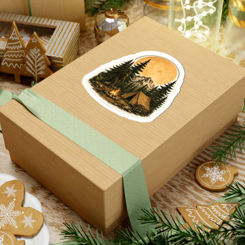 Camping Bigfoot Sticker — Vintage Mountain Campfire Vinyl Kiss-Cut