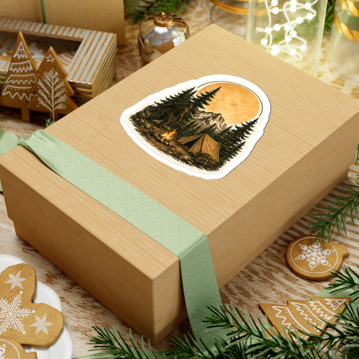 Camping Bigfoot Sticker — Vintage Mountain Campfire Vinyl Kiss-Cut