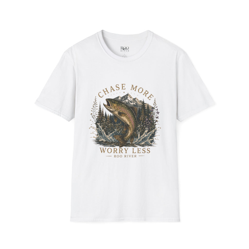 T-Shirt — Chase More, Worry Less Fishing Tee (Mountain Trout Design)