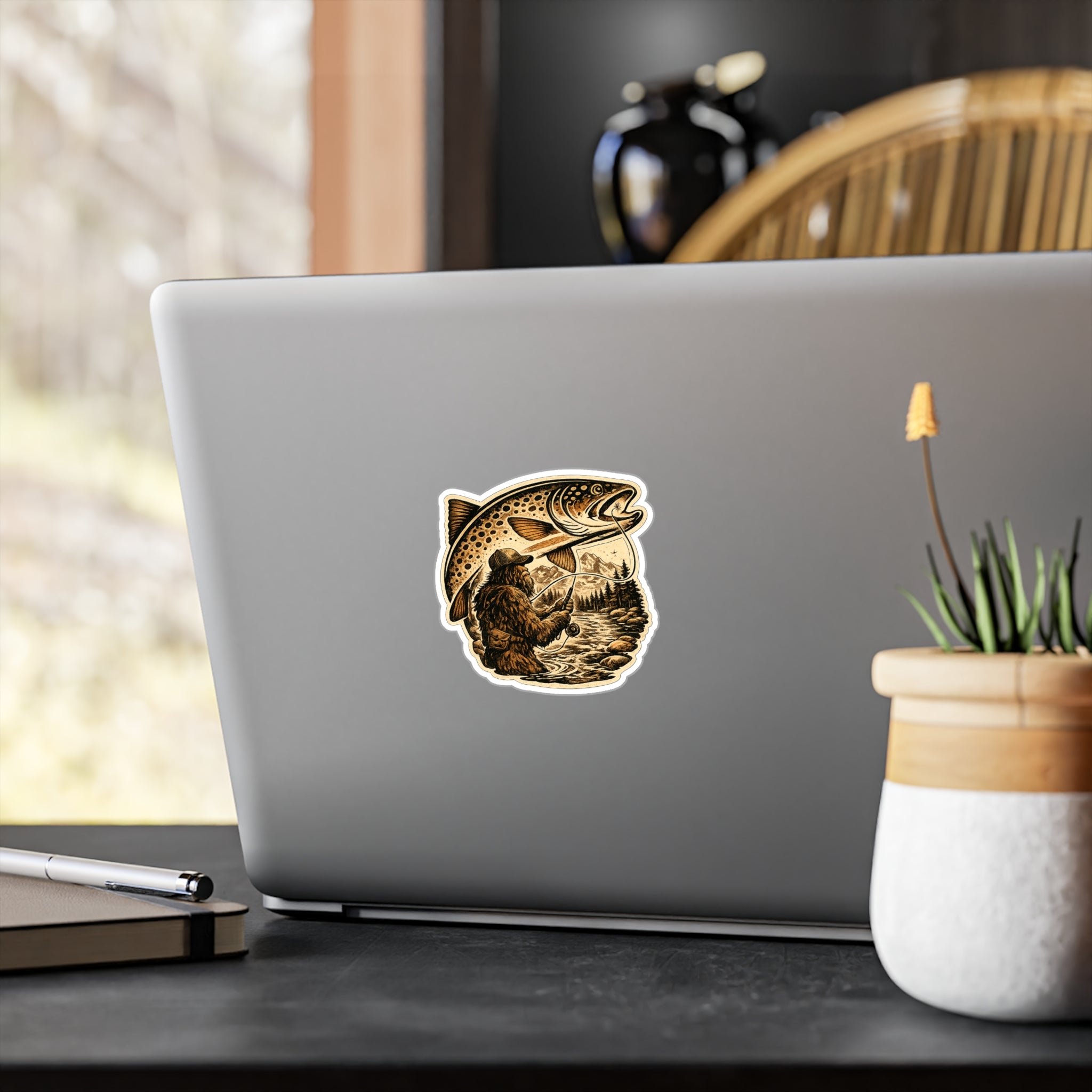 Water Resistant of Sasquatch Fly Fishing Trout Sticker — Vintage Trout Flyfishing Scene
