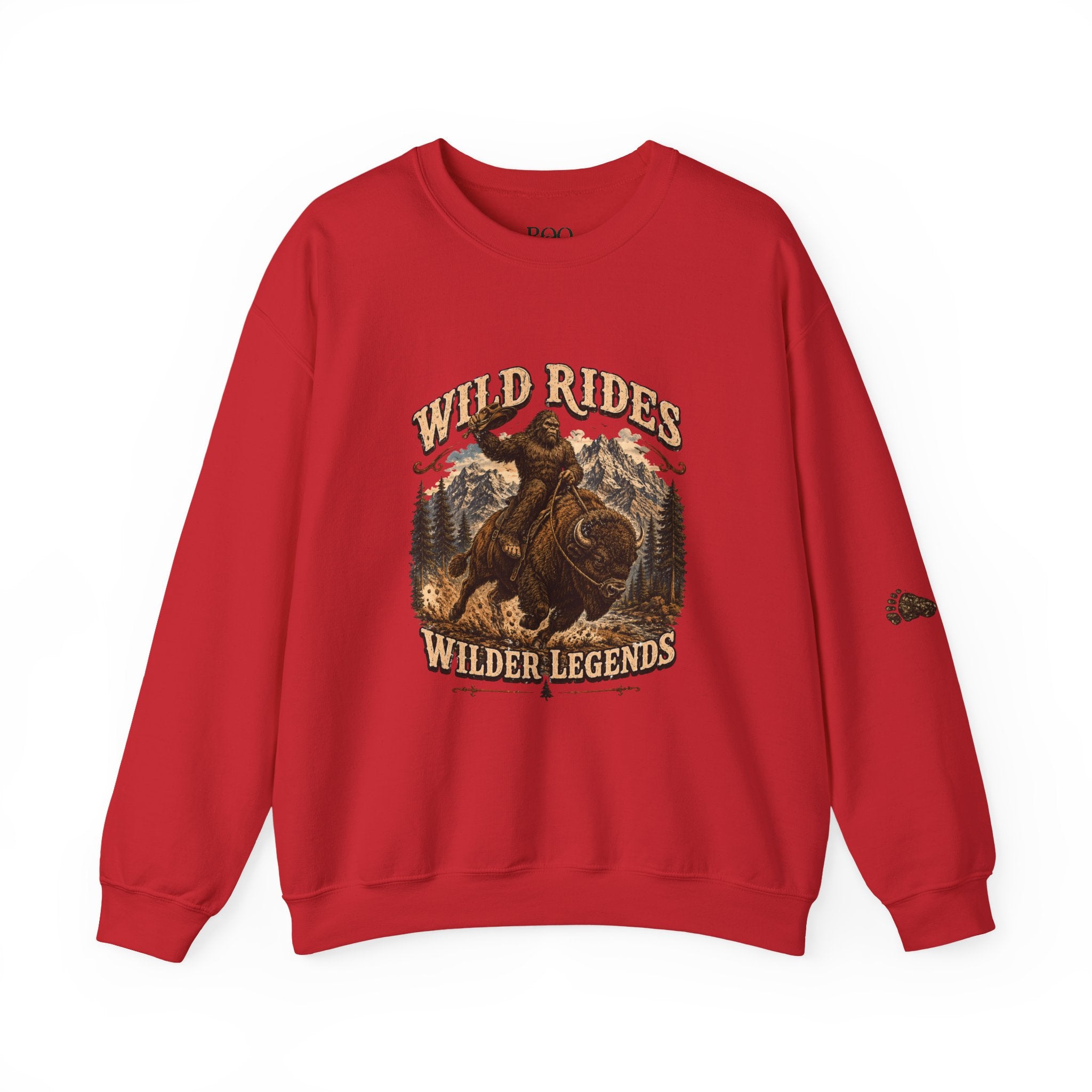 Wild Rides, Wilder Legends — Sasquatch Bison Rider, Crewneck Sweatshirt