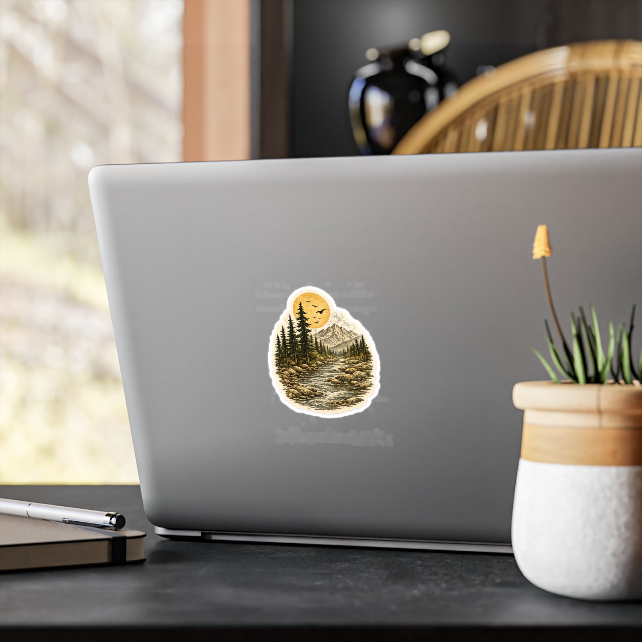 Water Resistant Mountain River Vinyl Sticker — Retro Wilderness Kiss-Cut Sticker