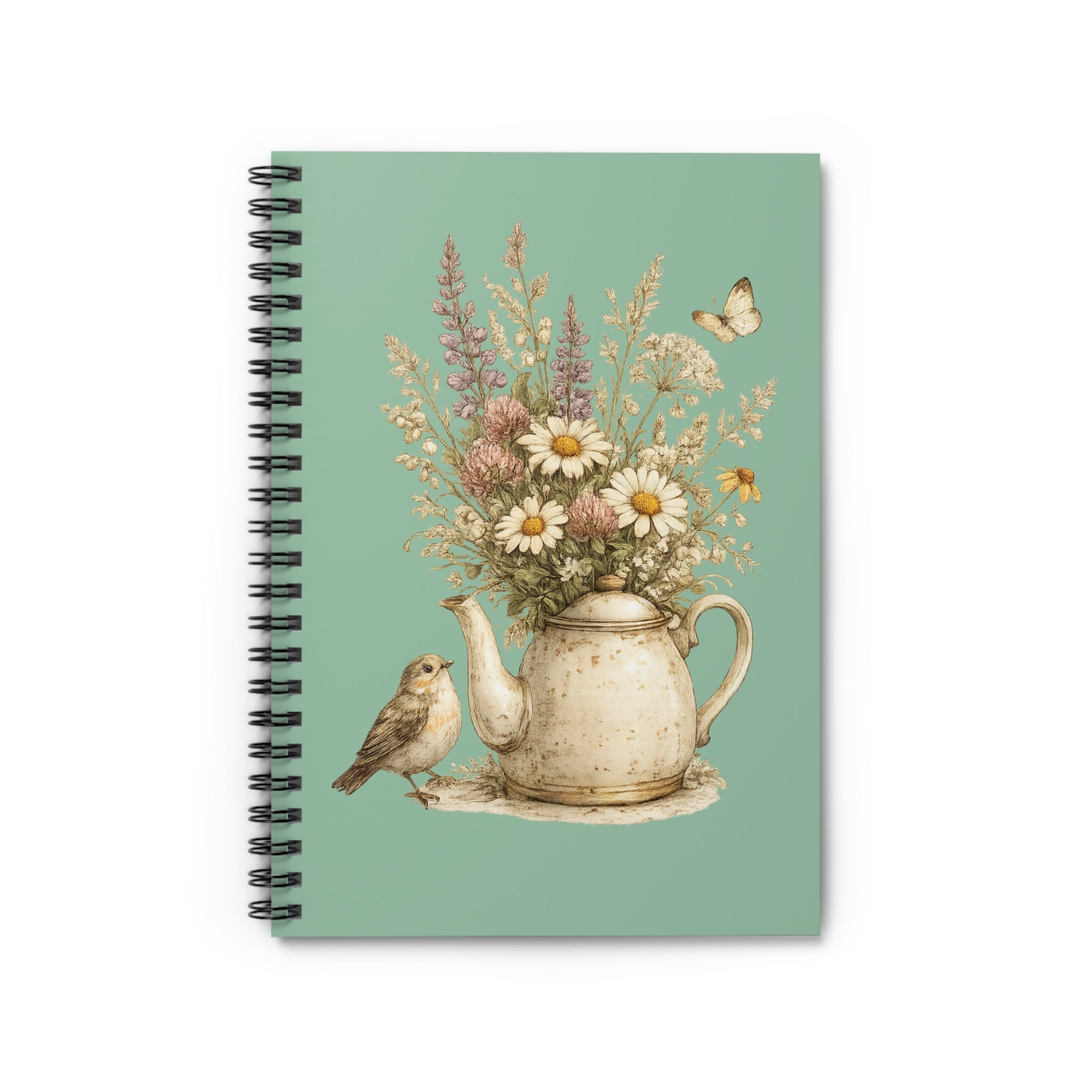 Floral Teapot Spiral Notebook — Vintage Daisies & Bird Ruled Journal