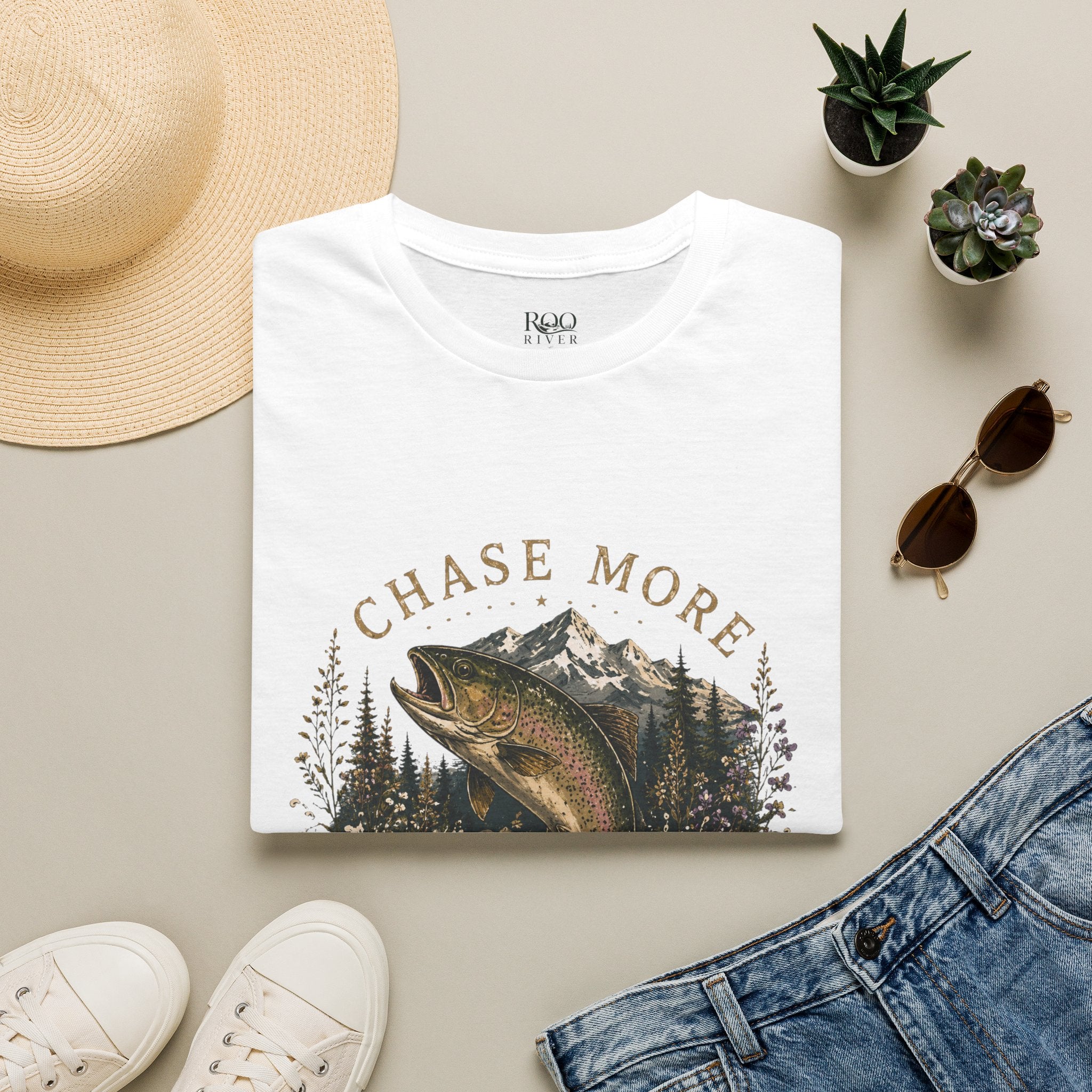 T-Shirt — Chase More, Worry Less Fishing Tee (Mountain Trout Design)