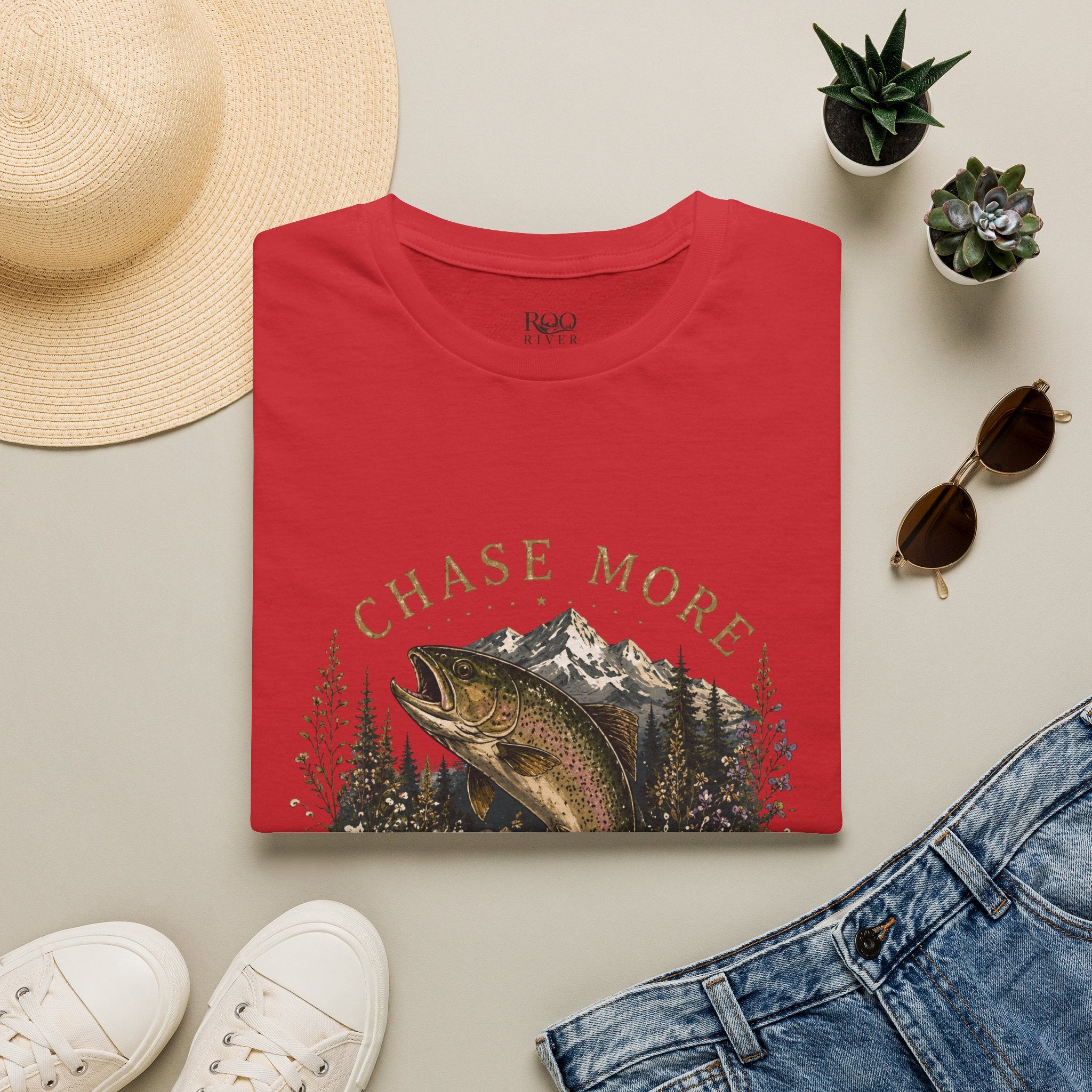 T-Shirt — Chase More, Worry Less Fishing Tee (Mountain Trout Design)