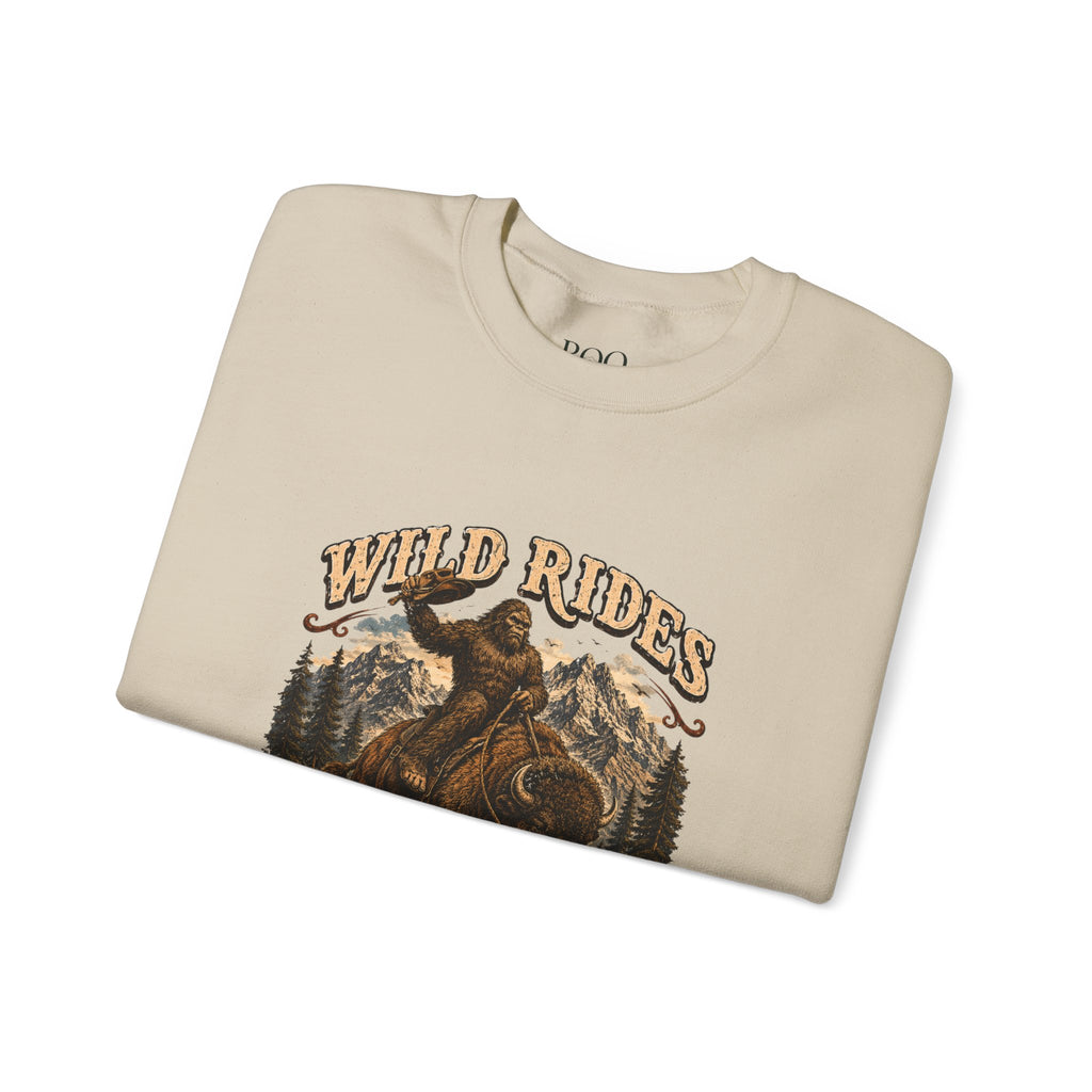 Wild Rides, Wilder Legends — Sasquatch Bison Rider, Crewneck Sweatshirt