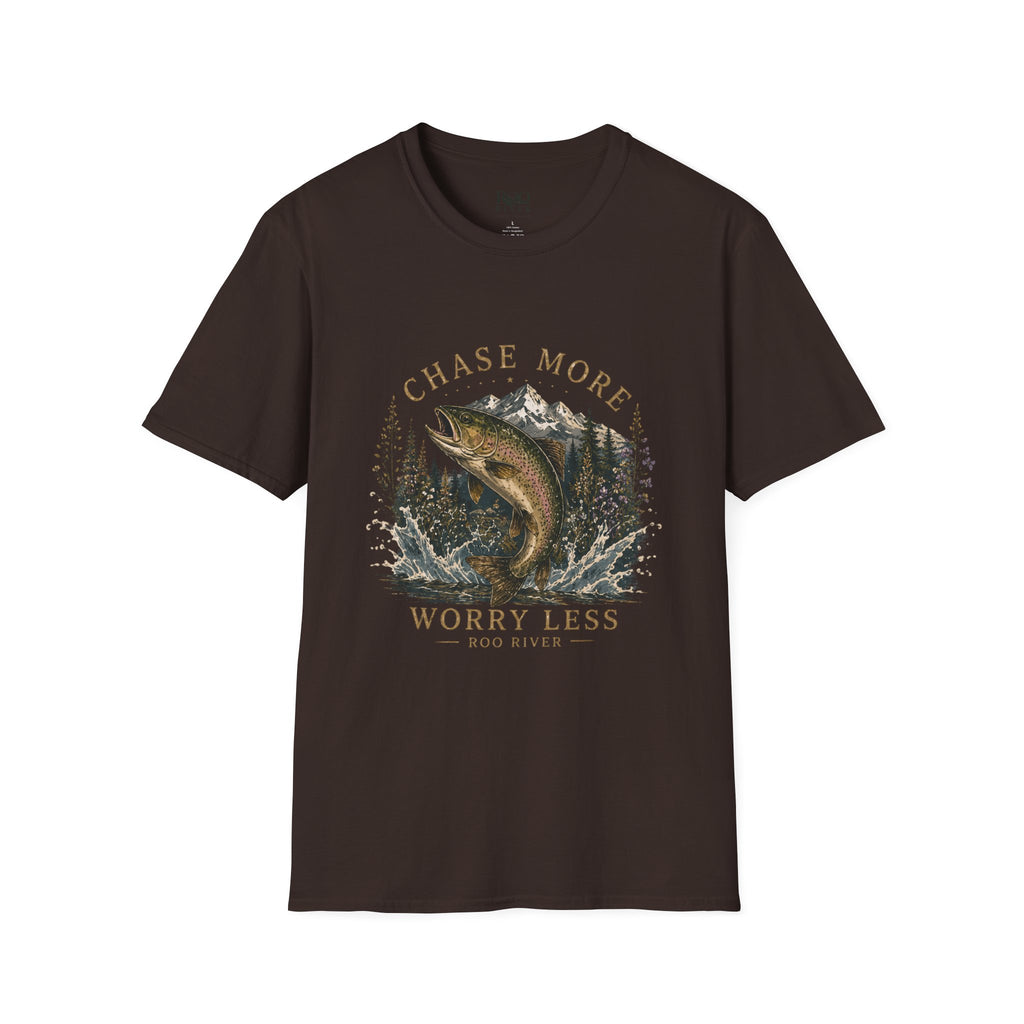 T-Shirt — Chase More, Worry Less Fishing Tee (Mountain Trout Design)