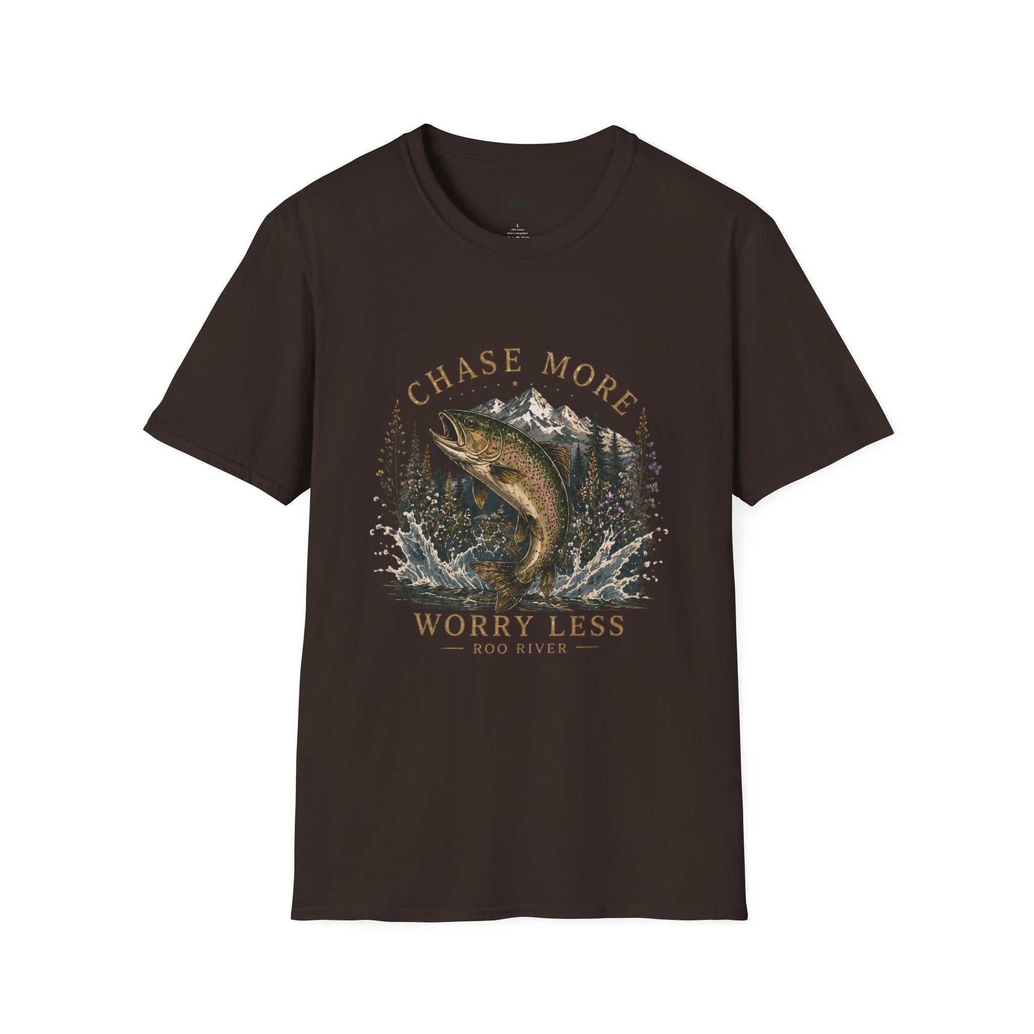 T-Shirt — Chase More, Worry Less Fishing Tee (Mountain Trout Design)