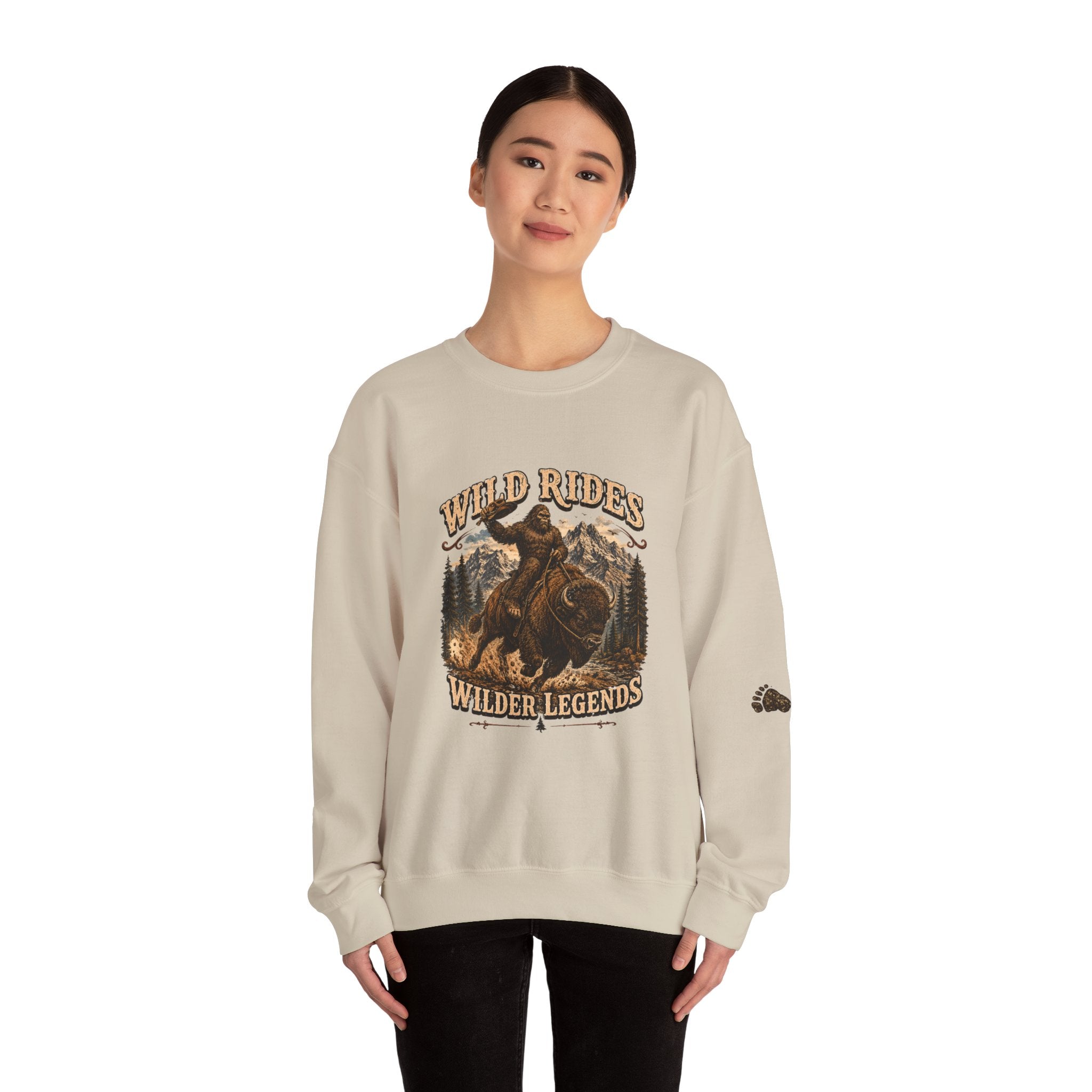 Wild Rides, Wilder Legends — Sasquatch Bison Rider, Crewneck Sweatshirt